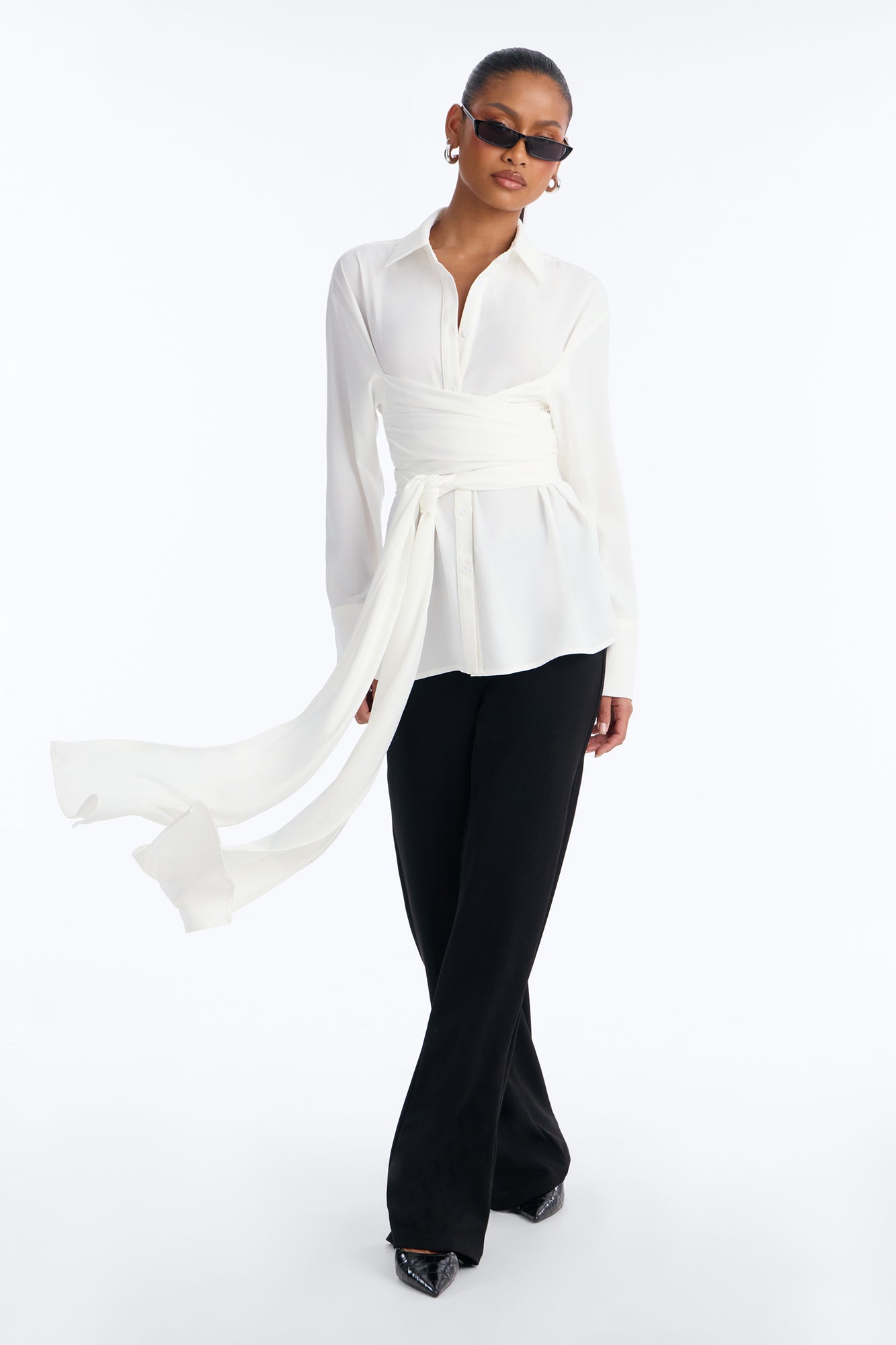 Livy Tie Waist Button Up Shirt - White