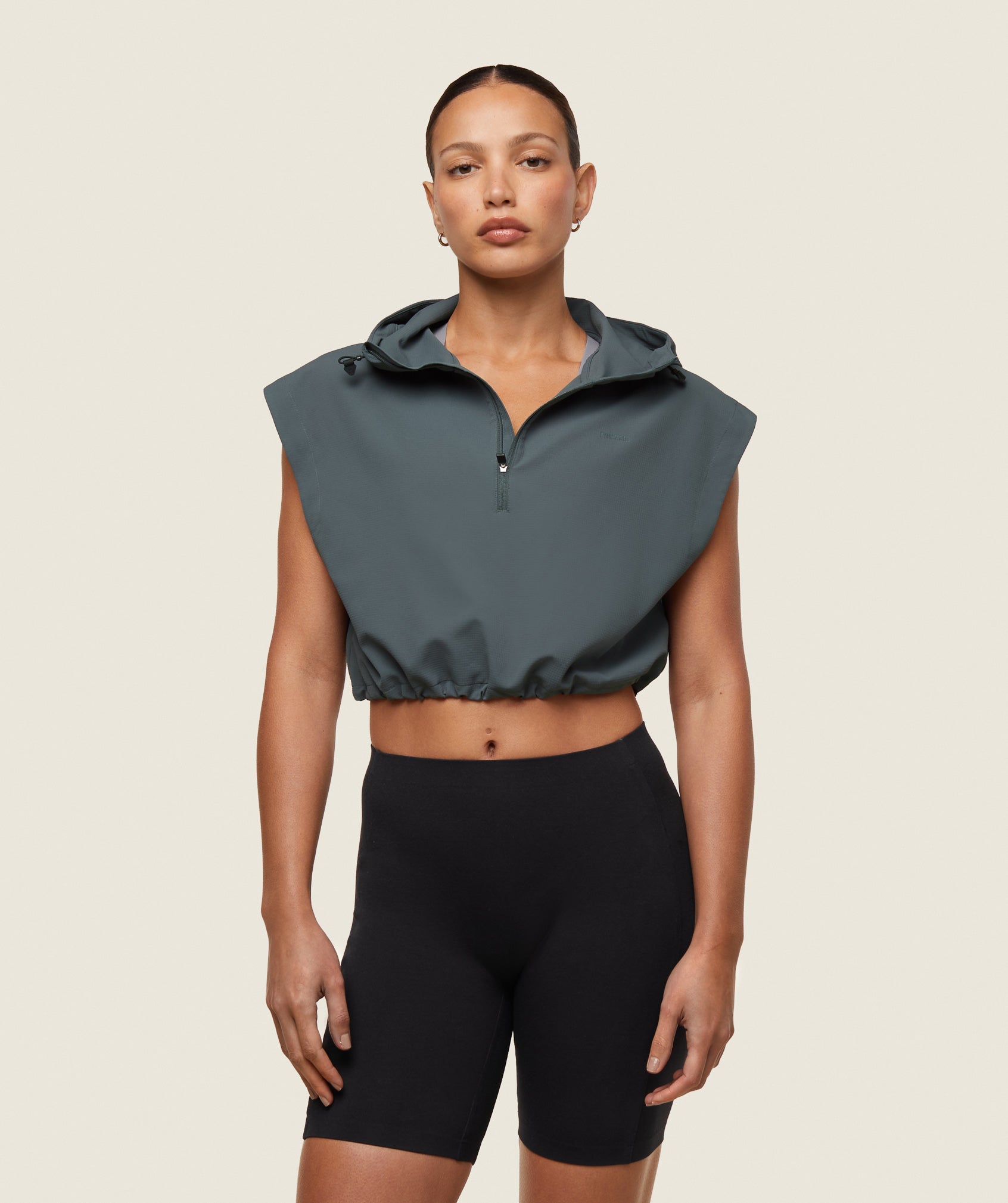 Gymshark Abstract Lightweight Cropped Sleeveless Hooded 1/2 Zip Jacket - Slate Teal