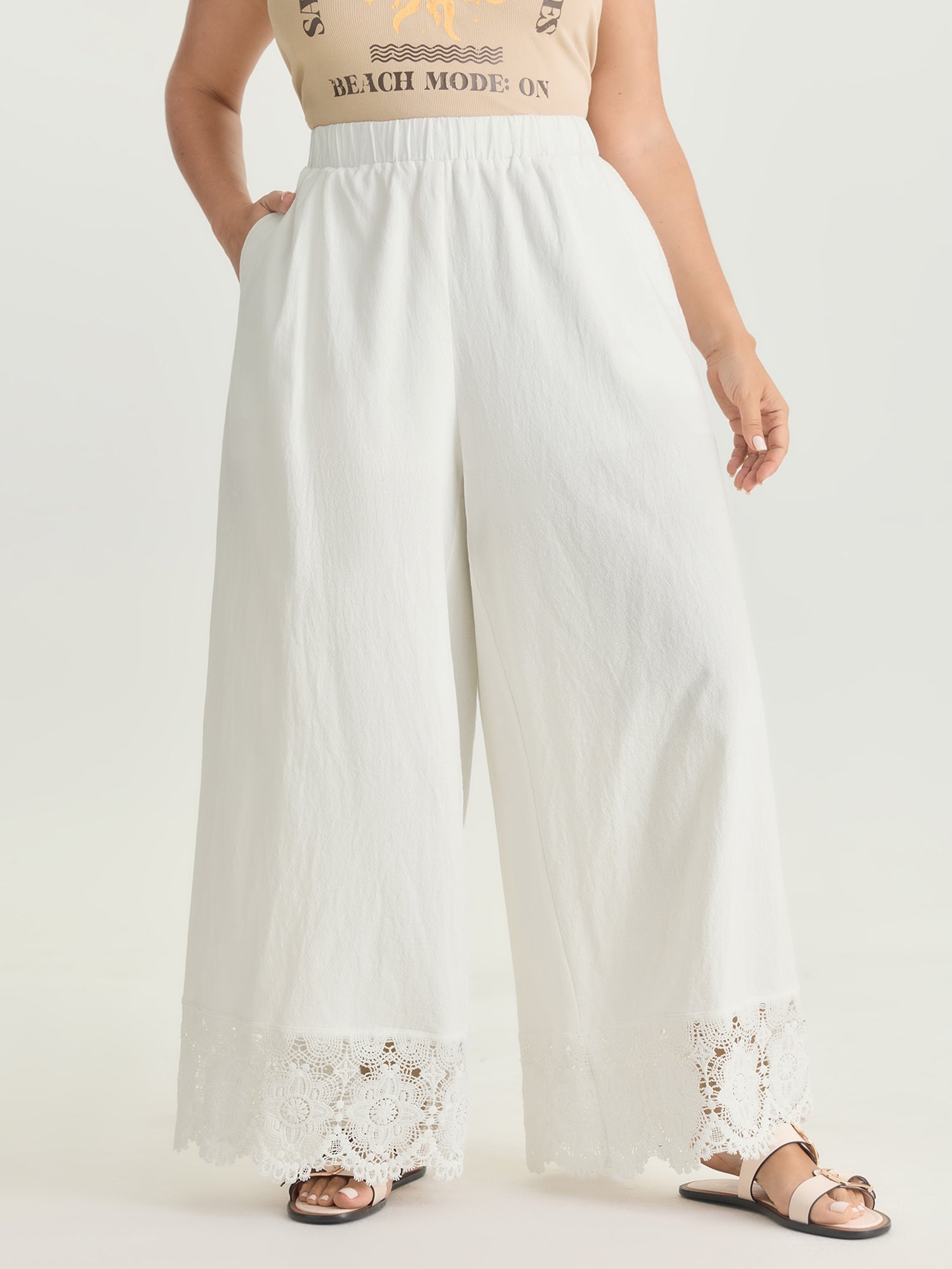 Cotton Scalloped Lace Hem Flared Pants