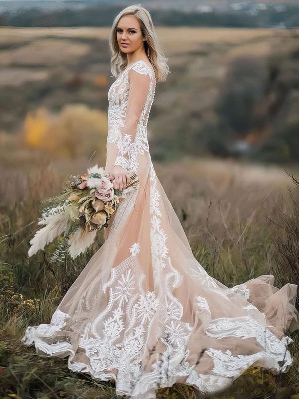 Elegant Chapel Train Trumpet V-Neck Long Sleeves Lace Wedding Dresses with Appliques