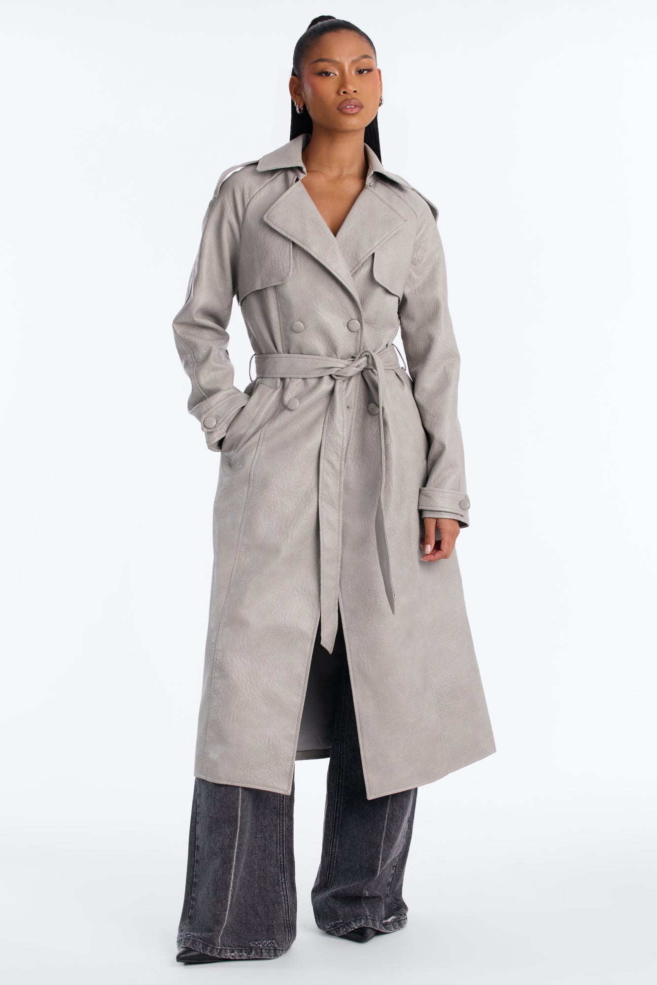 Selena Faux Leather Long Trench Coat - Grey