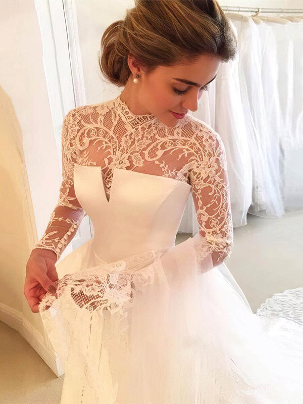 Luxurious High Neck Lace Long Sleeves Satin Ball Gown Wedding Dresses with Court Train