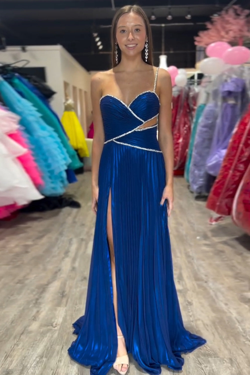 Metallic Royal Blue A-Line Prom Dress with One Shoulder Pleats Cut-out and Slit