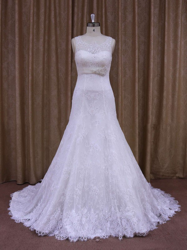 Deluxe Mermaid Scoop Neck Sleeveless Lace Court Train Wedding Dresses with Sash