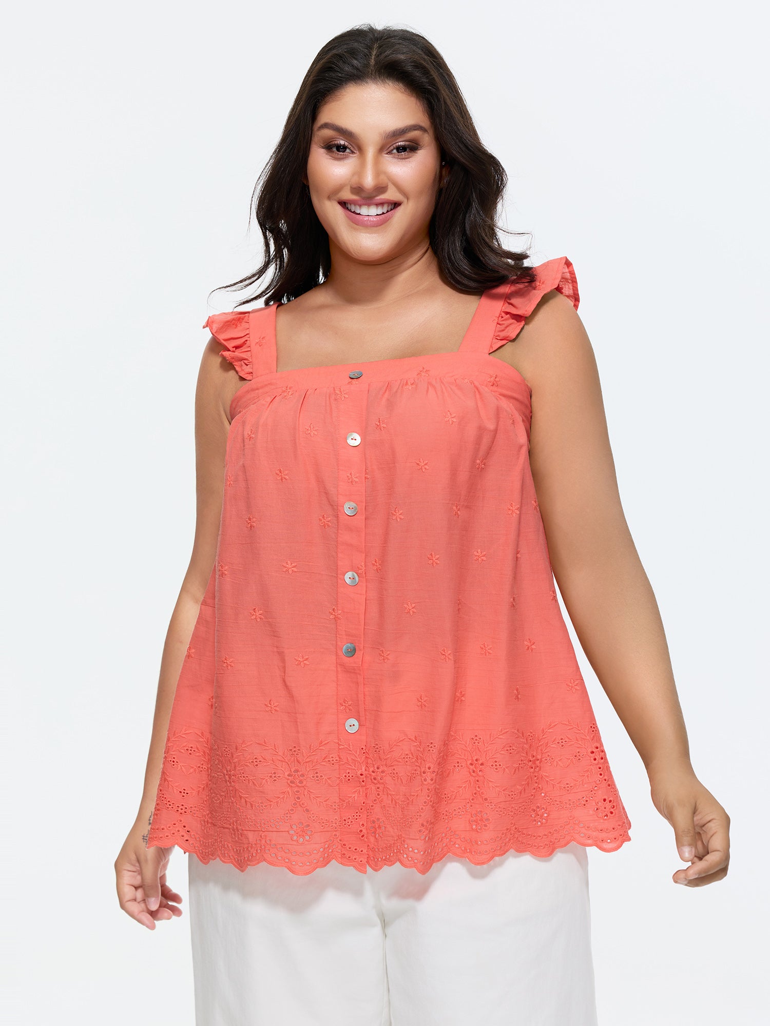 Cotton Embroidered Ruffled Strap Tank Top