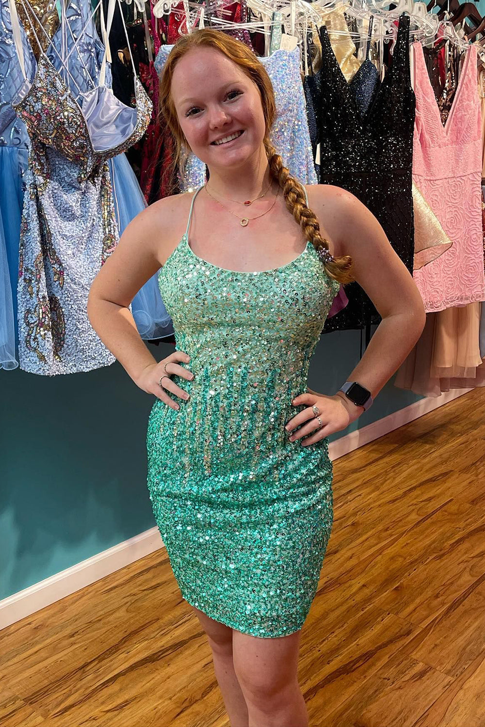 Sparkly Green Sequins Lace-Up Back Tight Homecoming Dress/Mini Dress
