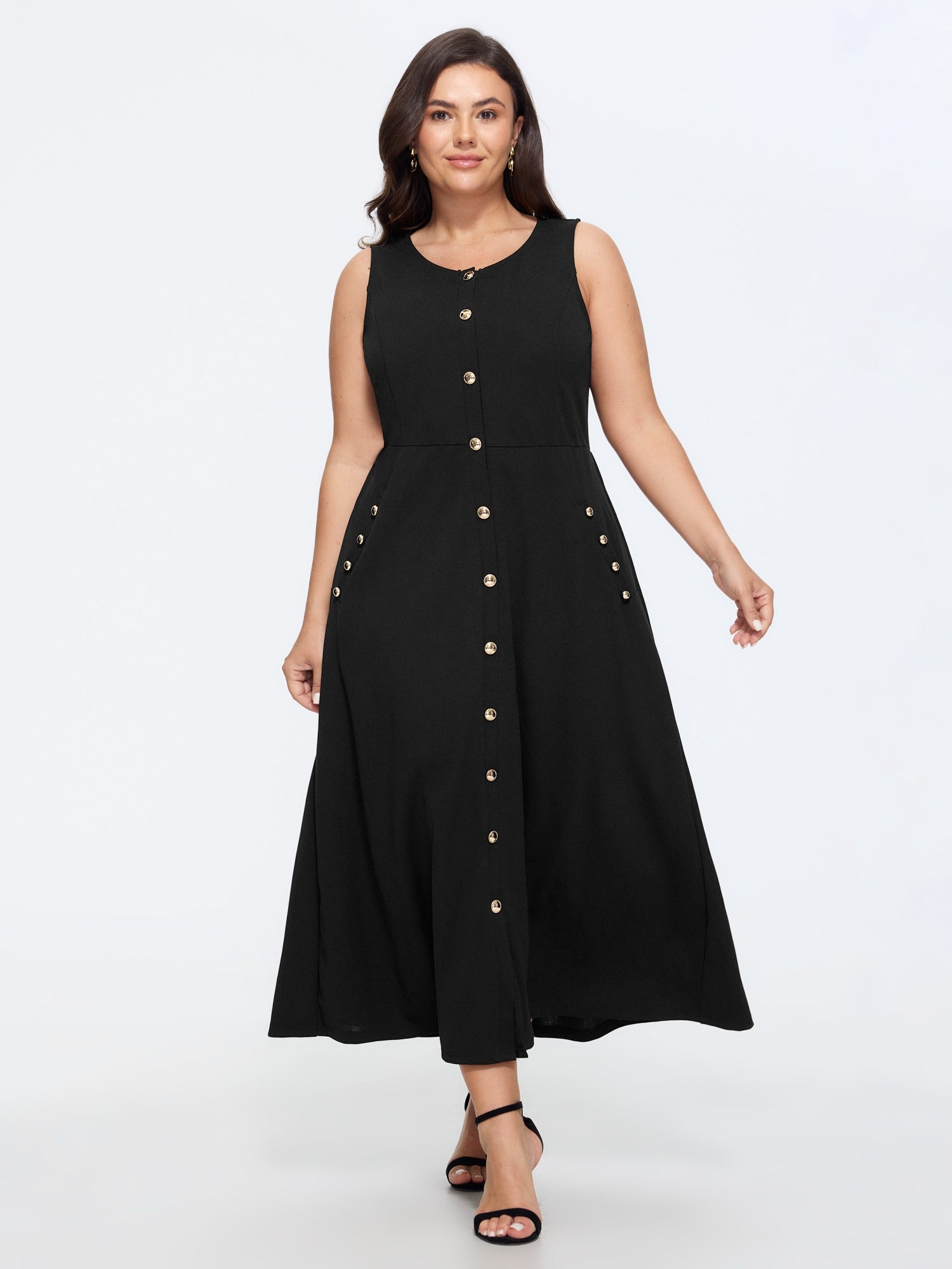 Stretchy Front Gold Button A Line Midi Dress