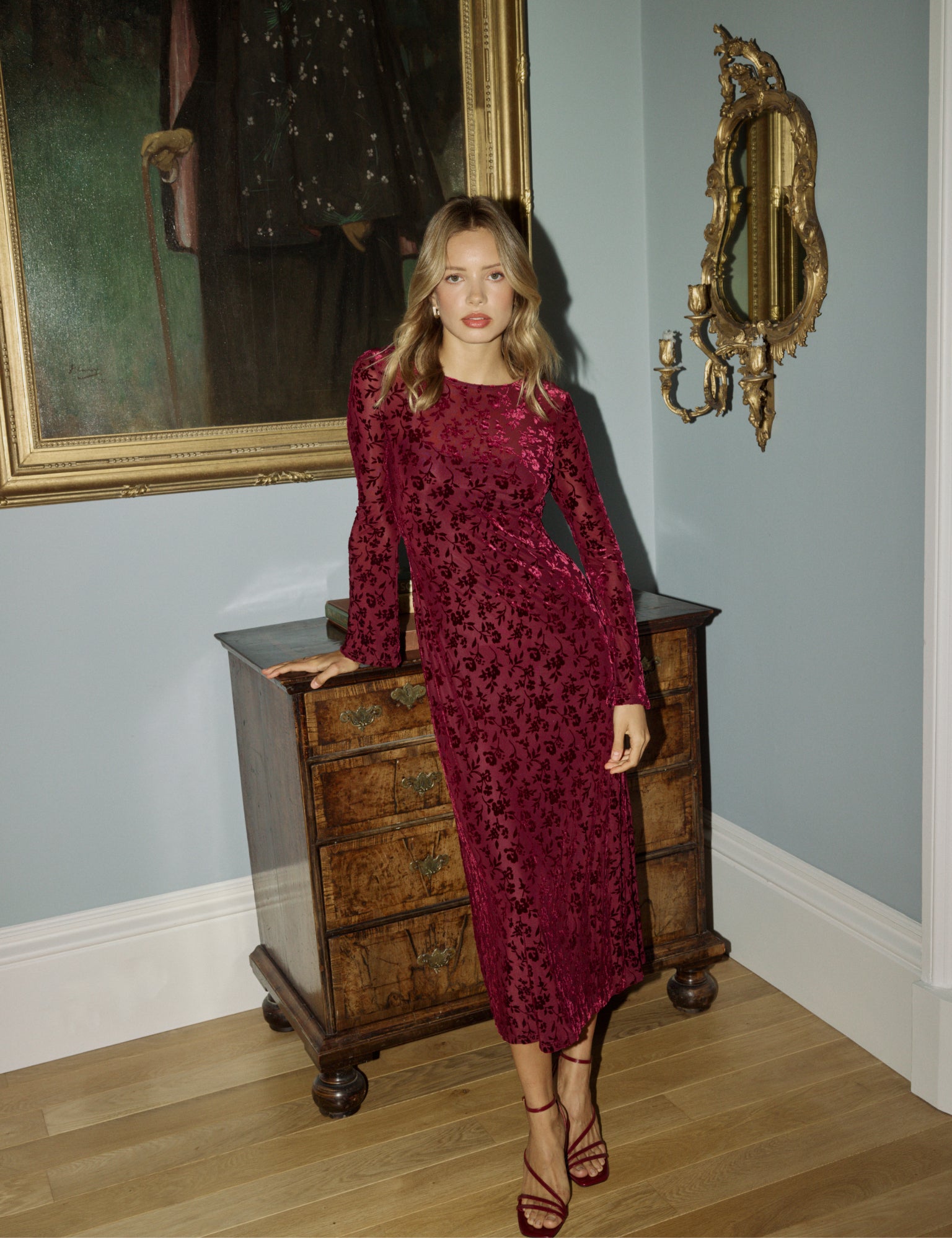 Burgundy Velvet Floral Clarissa Midi Dress