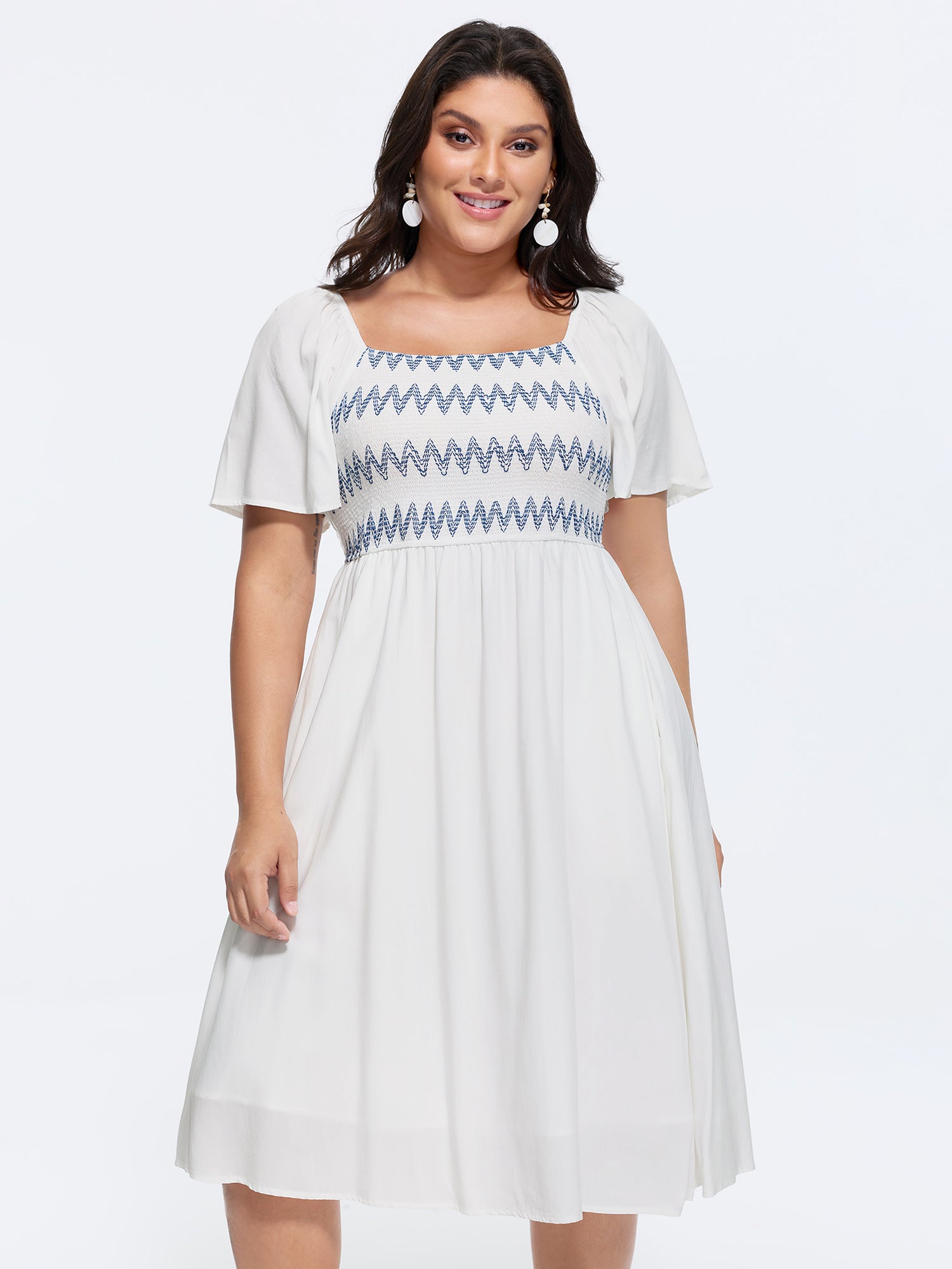 Shirred Pockets Flared Sleeve Midi Dress