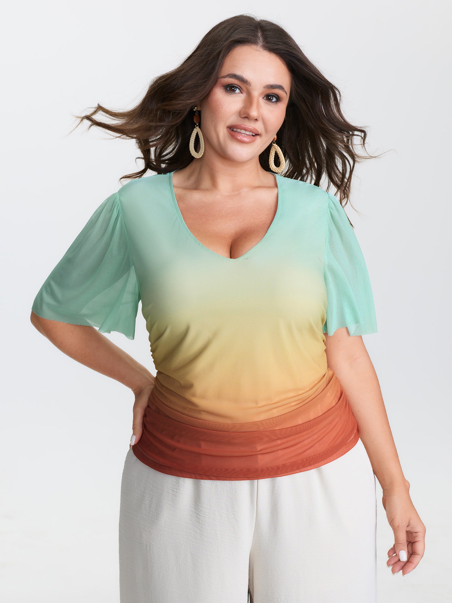 Gradient Ruched Hem Stretchy T-Shirt