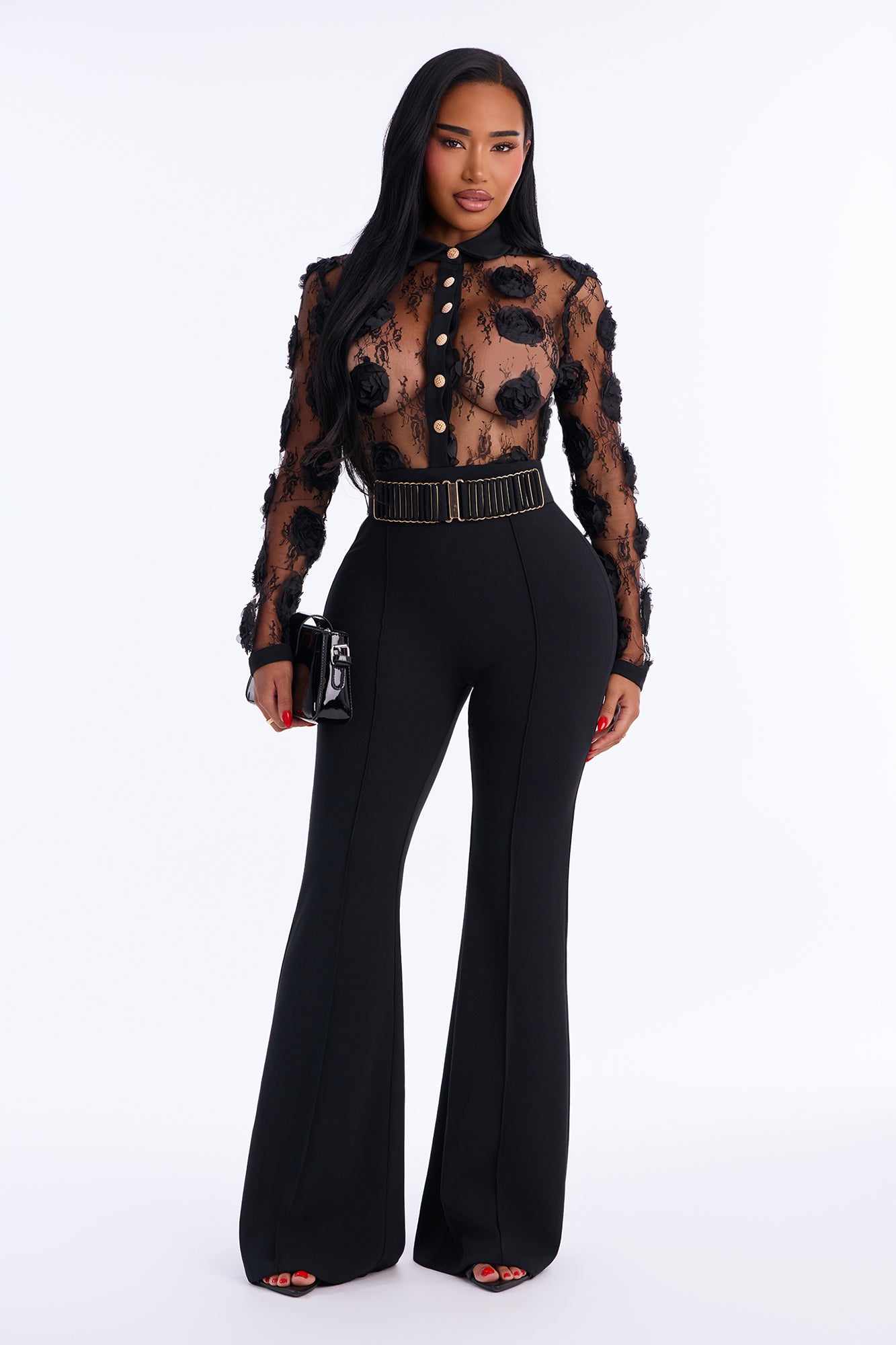 Hidden Agenda Floral Lace Jumpsuit - Black