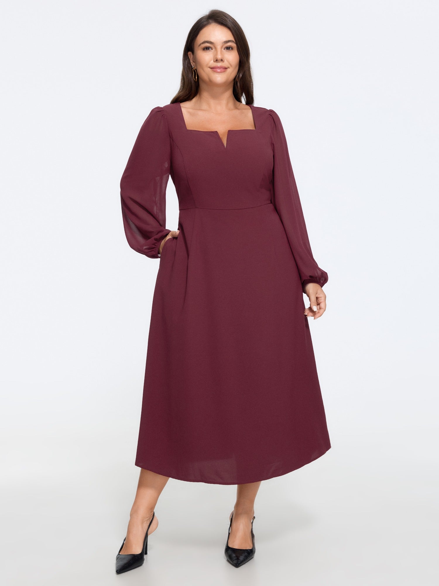 Square Neck Puff Sleeve Pocket Midi Dress