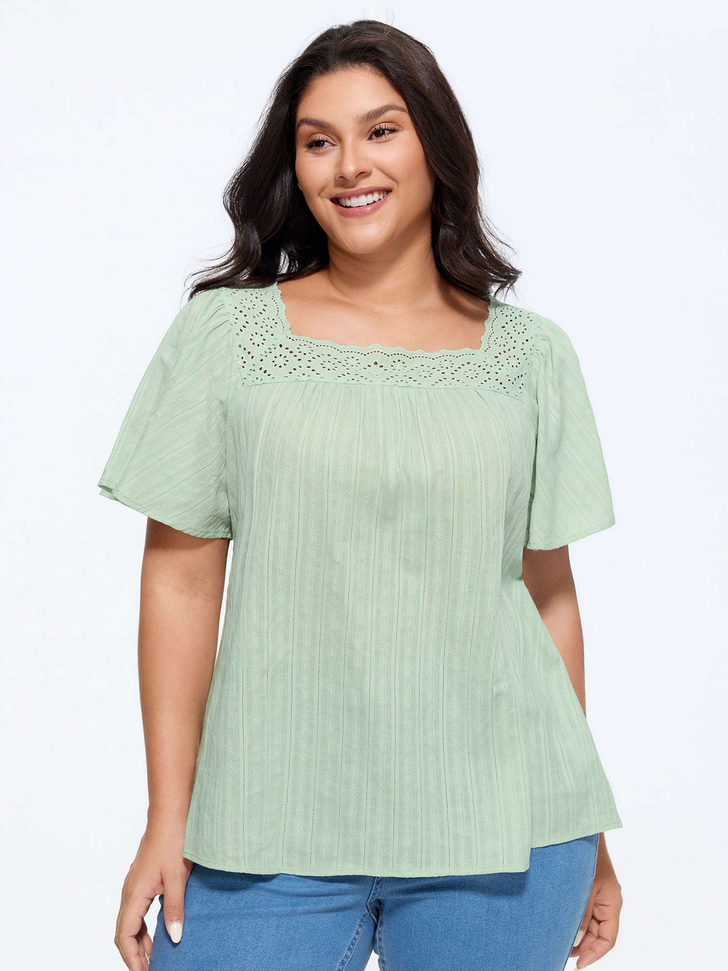 Cotton Lace Neckline Flared Sleeve Blouse