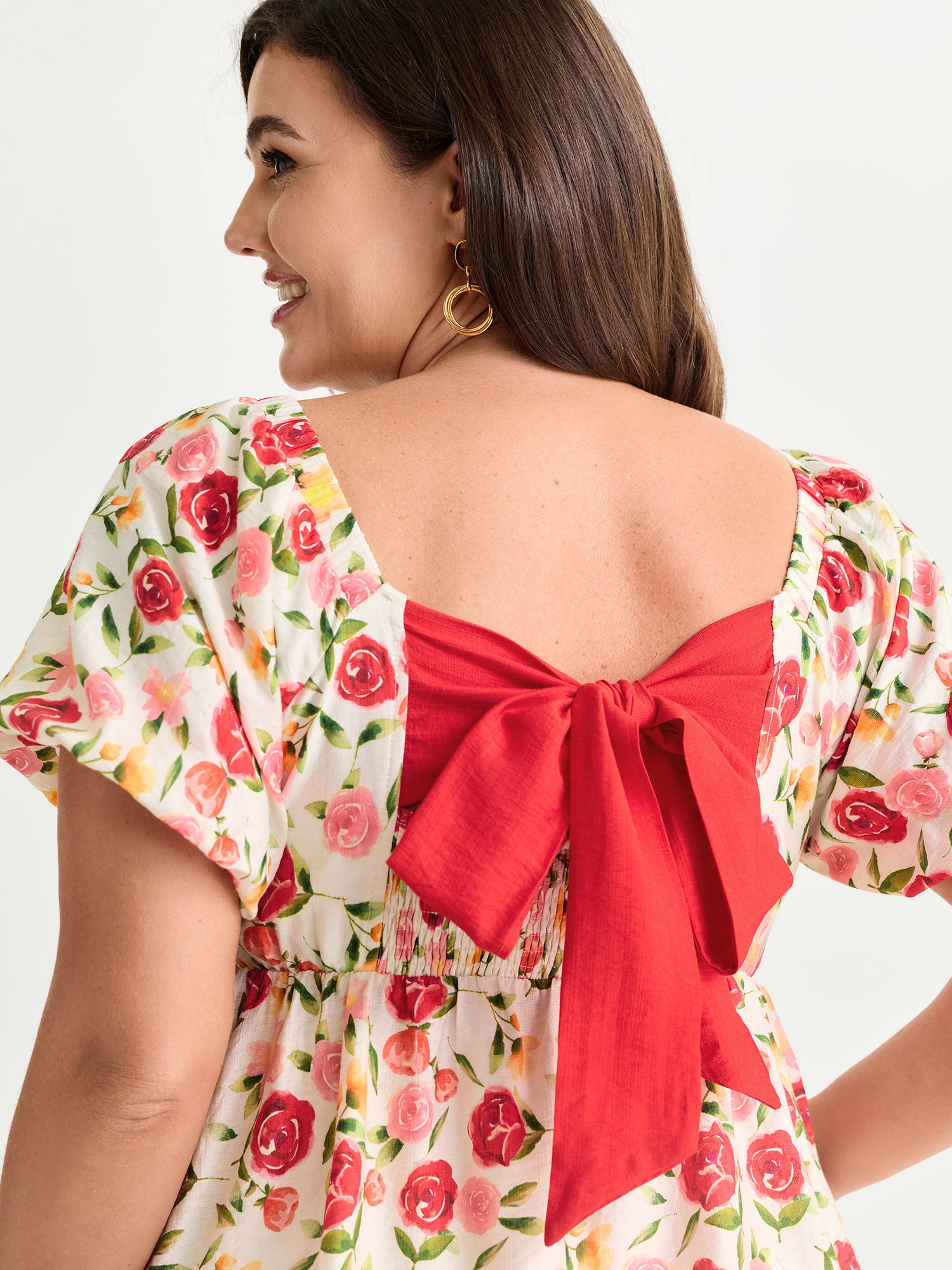 Rose Print Bubble Sleeve Babydoll Blouse