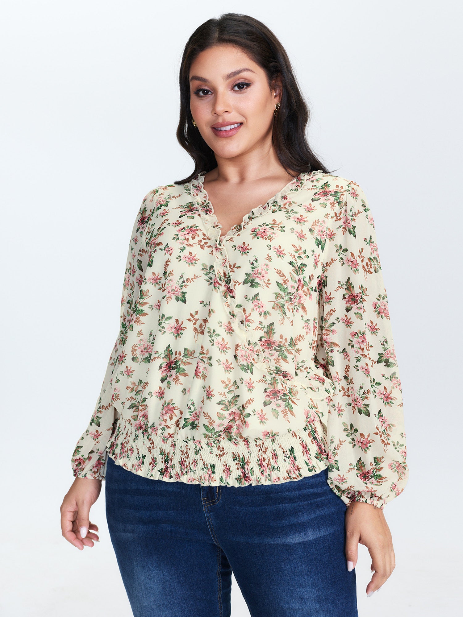 Floral Print Shirred Hem Blouse