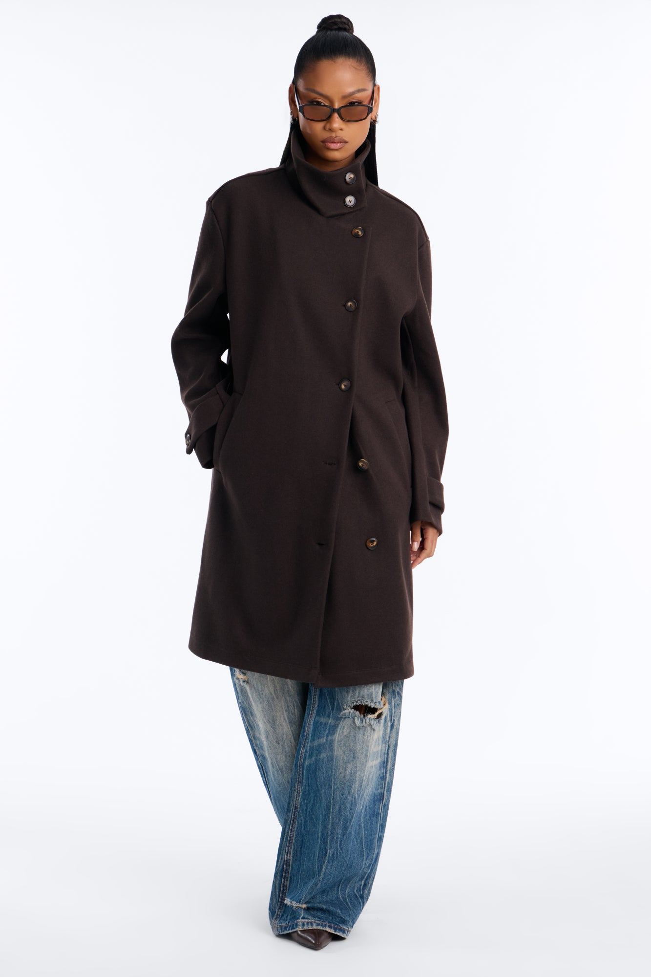 Ella Everyday Funnel Neck Coat - Dark Brown