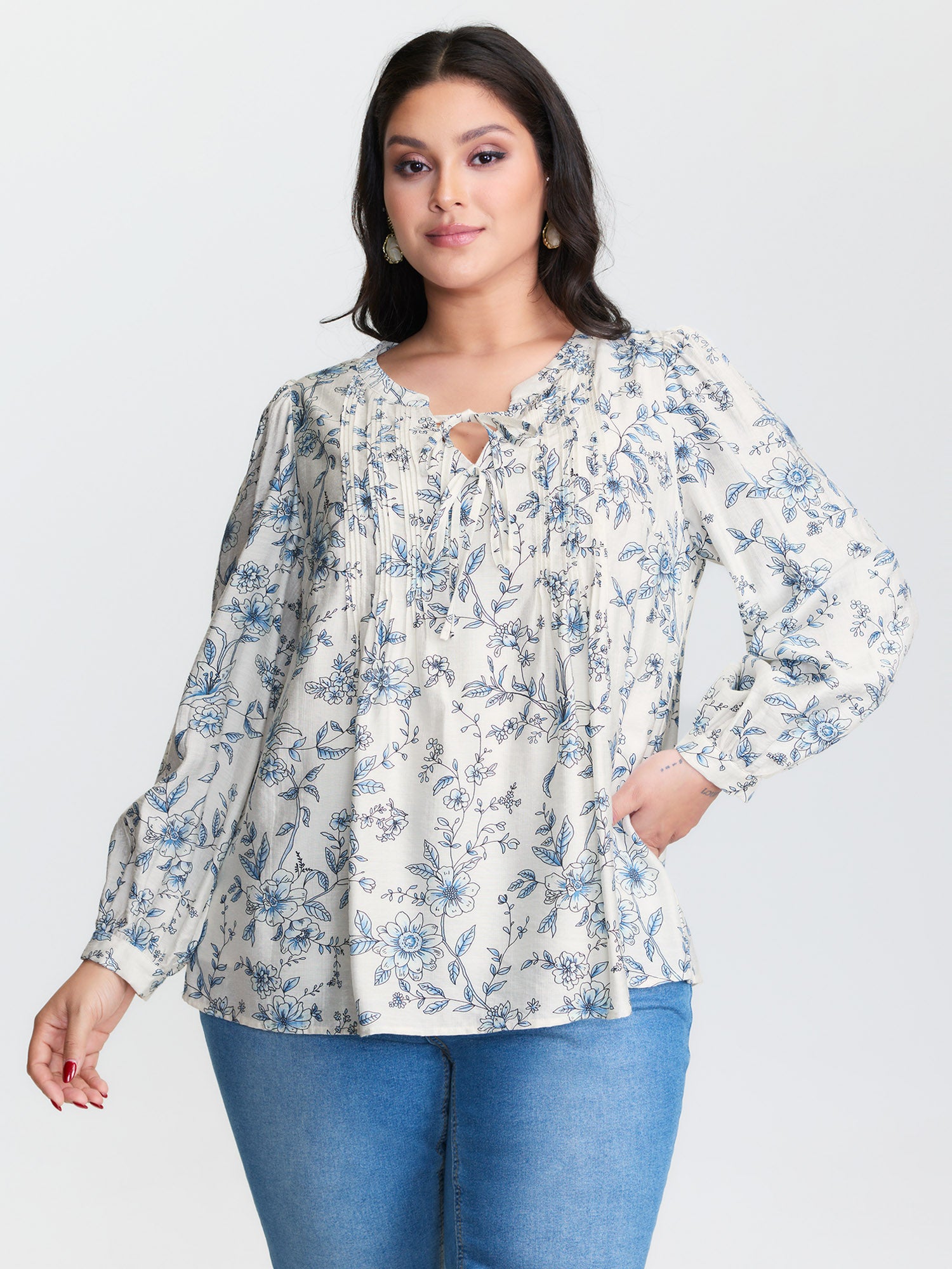 Floral Print Neckline Tie Blouse