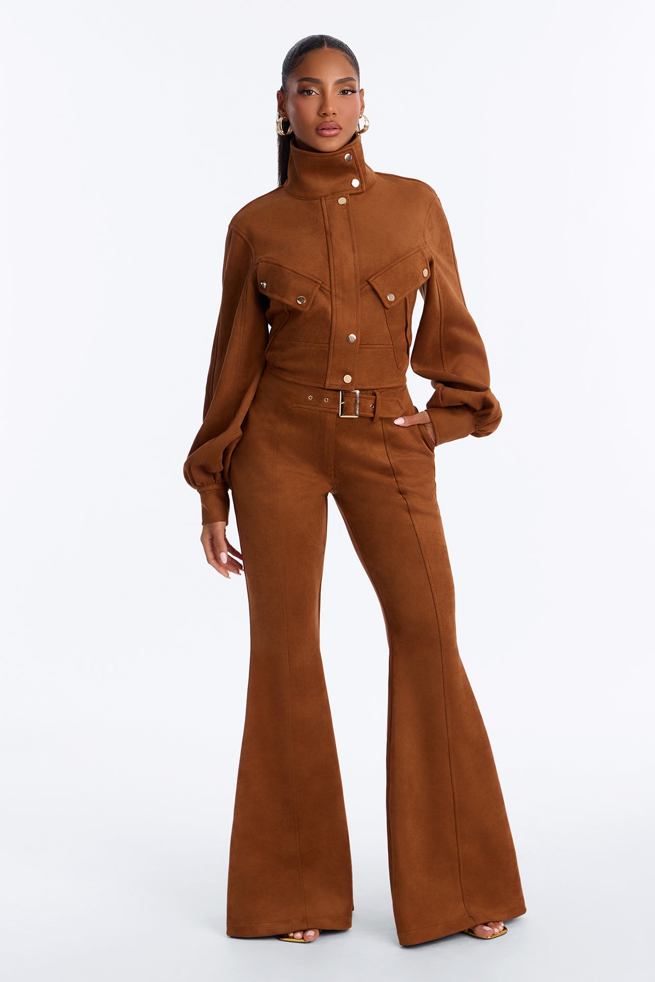 Homestead Faux Suede Flare Pant Set - Camel