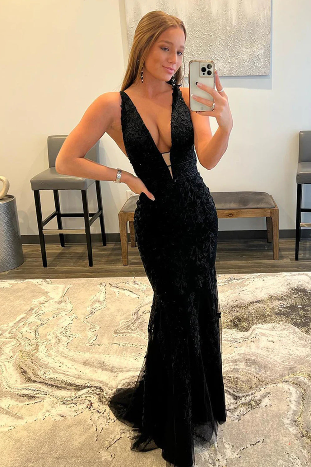 Black Deep V-Neck Mermaid Prom Dress Featuring an Open Back
