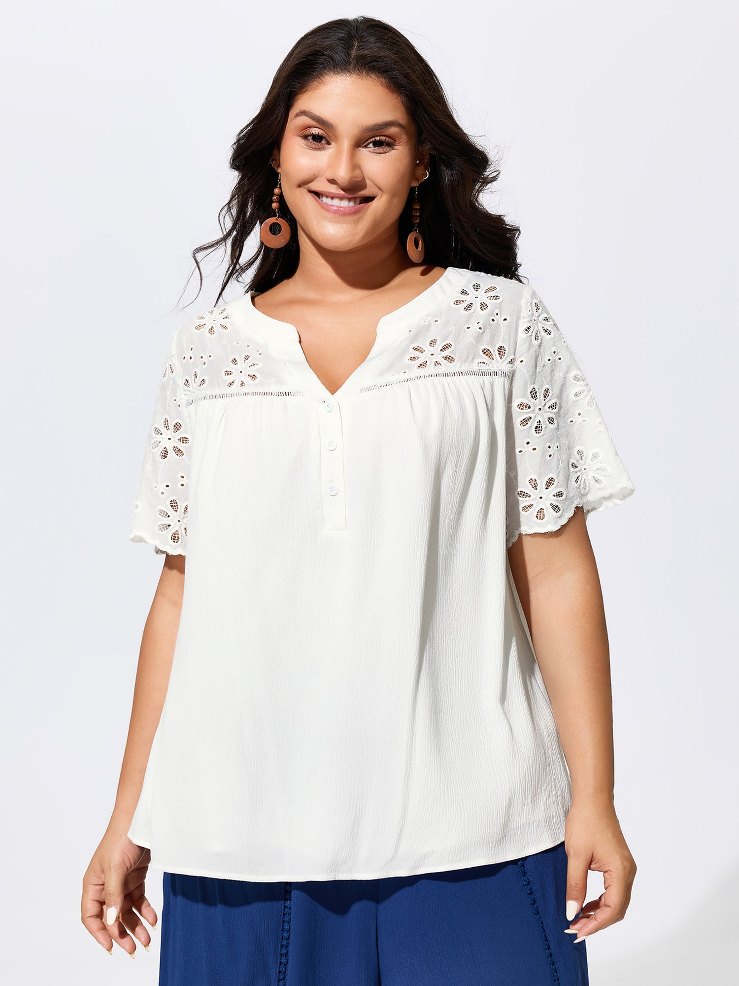 Supersoft Eyelet Trim Notched Collar Flowy Blouse