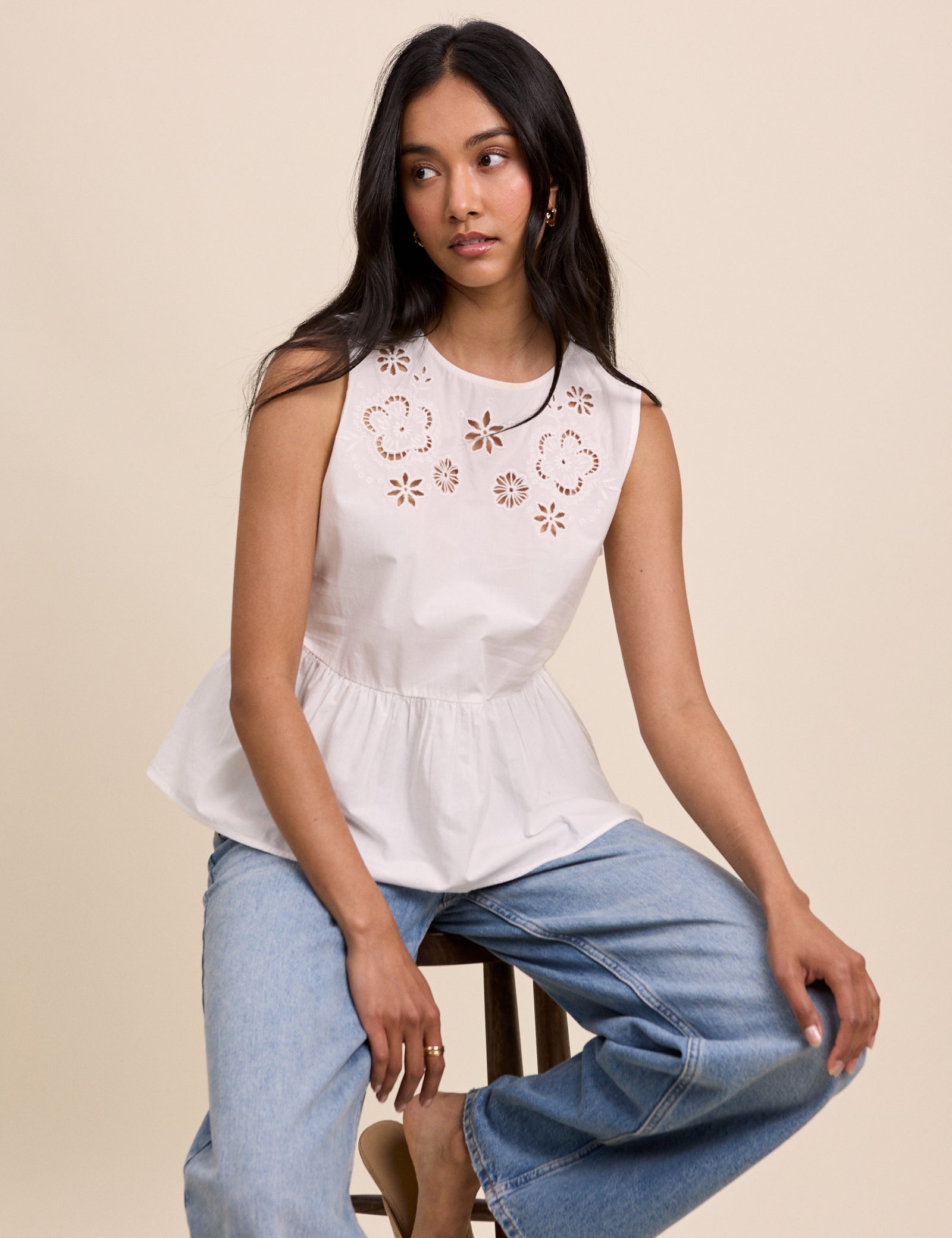 White Floral Cutwork Vera Peplum Top