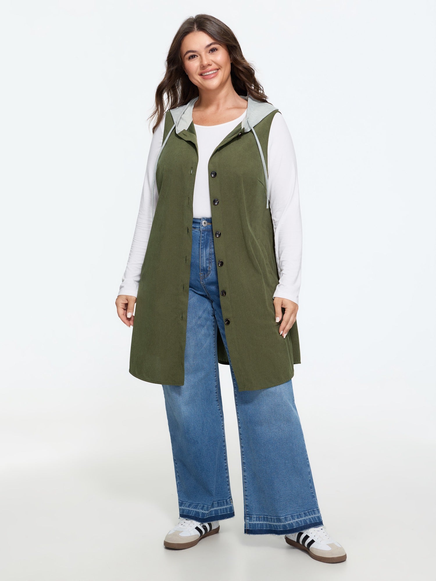 Button Front Pocket Long Hooded Vest