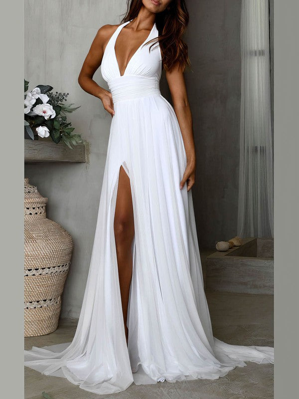 Classic Sweep Train Deep V-Neck A-Line Halter Chiffon Wedding Dresses with Split
