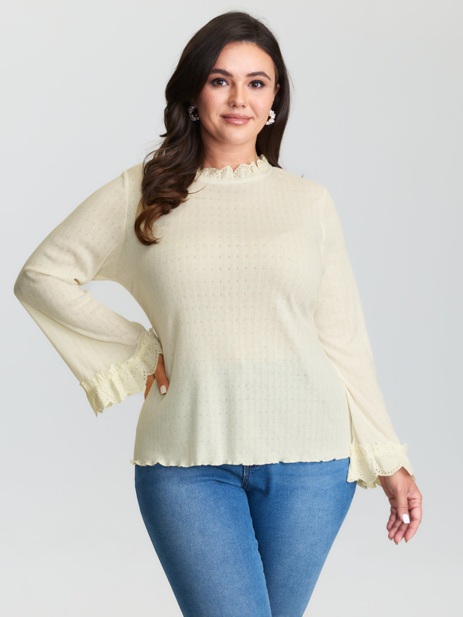 Sheer Lace Textured Ruffled Cuffs Knit Top