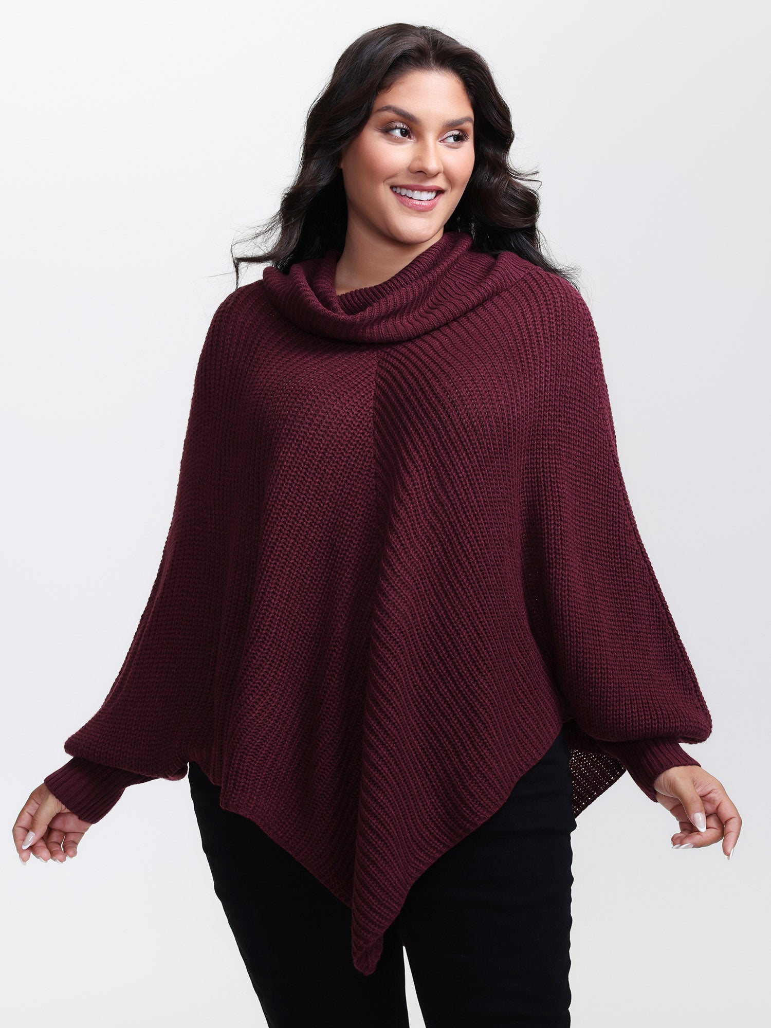 Turtle Neck Batwing Sleeve Asymmetrical Hem Pullover