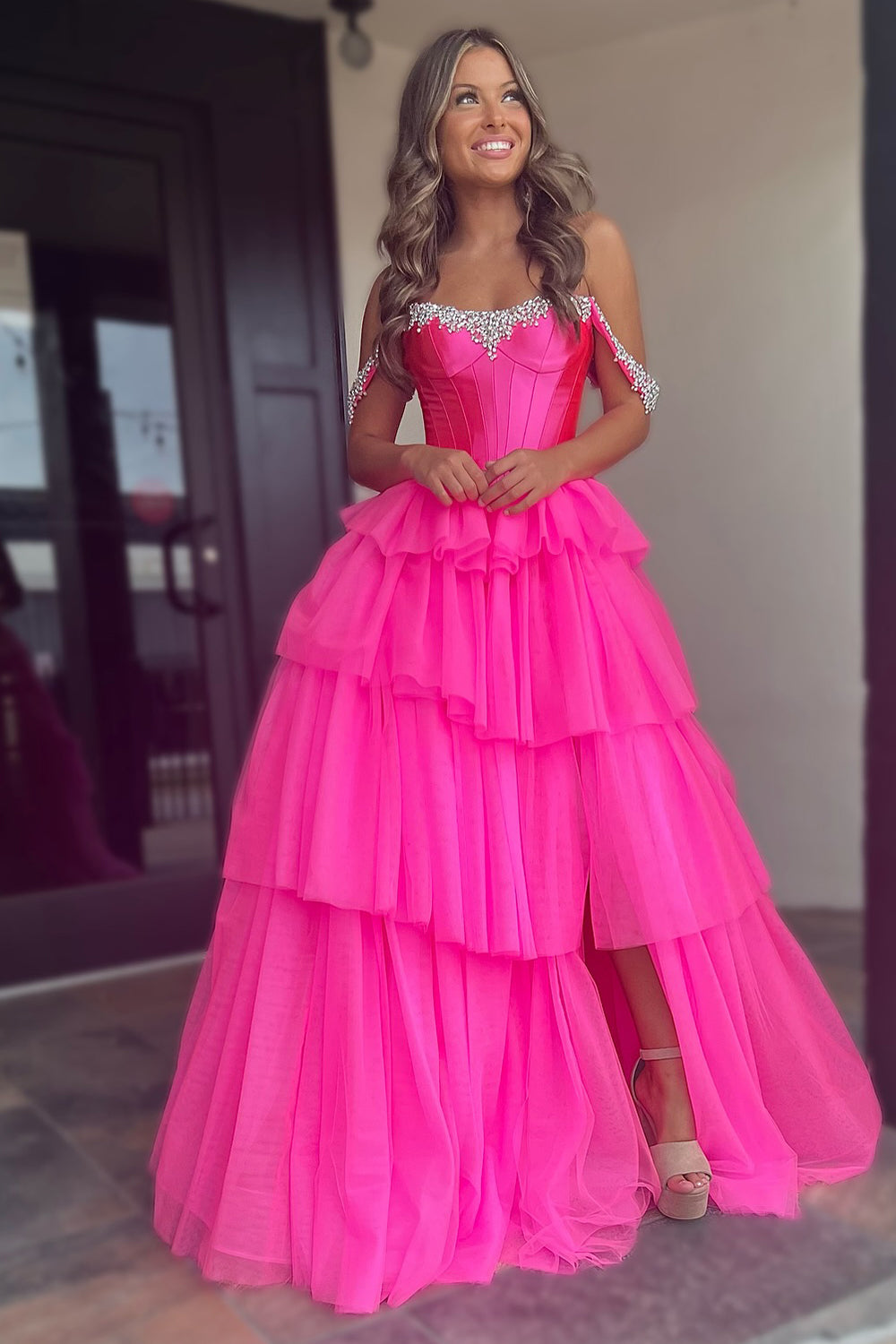 Long A-Line Corset Prom Dress in Fuchsia with Off-Shoulder Tulle Tiers and Slit