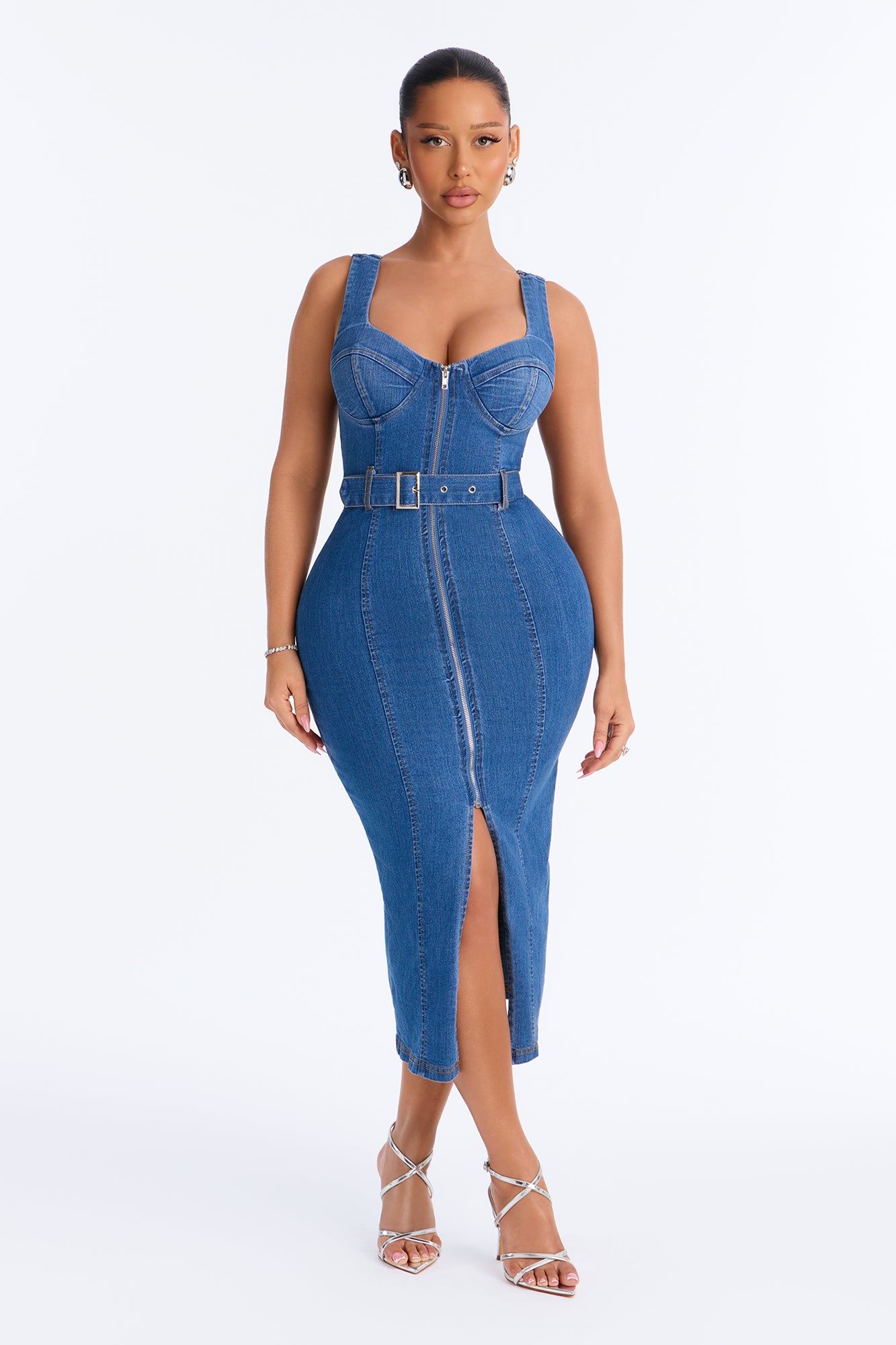 Ellie Belted Denim Midi Dress - Denim
