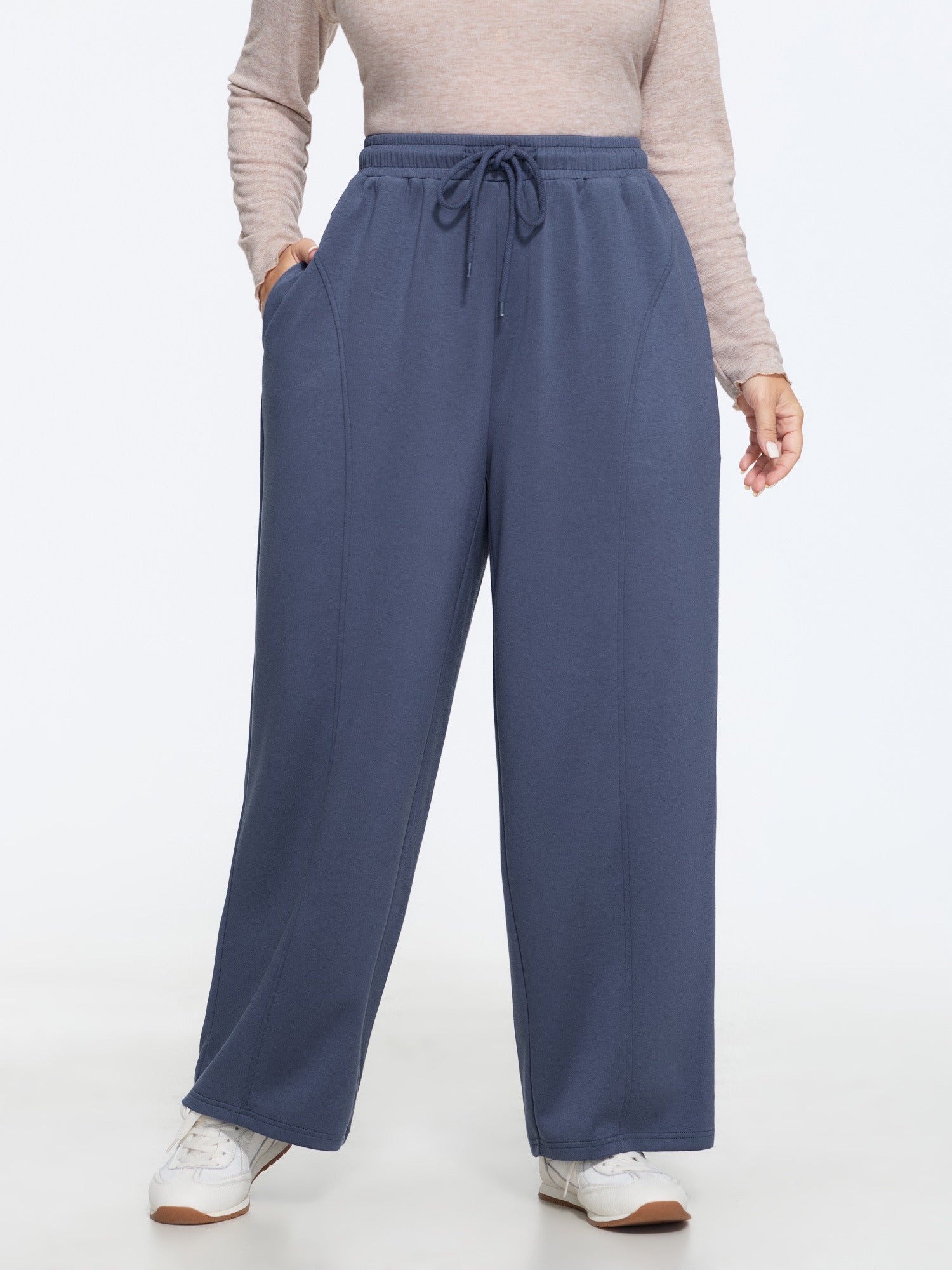 Stretch Drawstring Waist Stitch Detail Wide Leg Pants