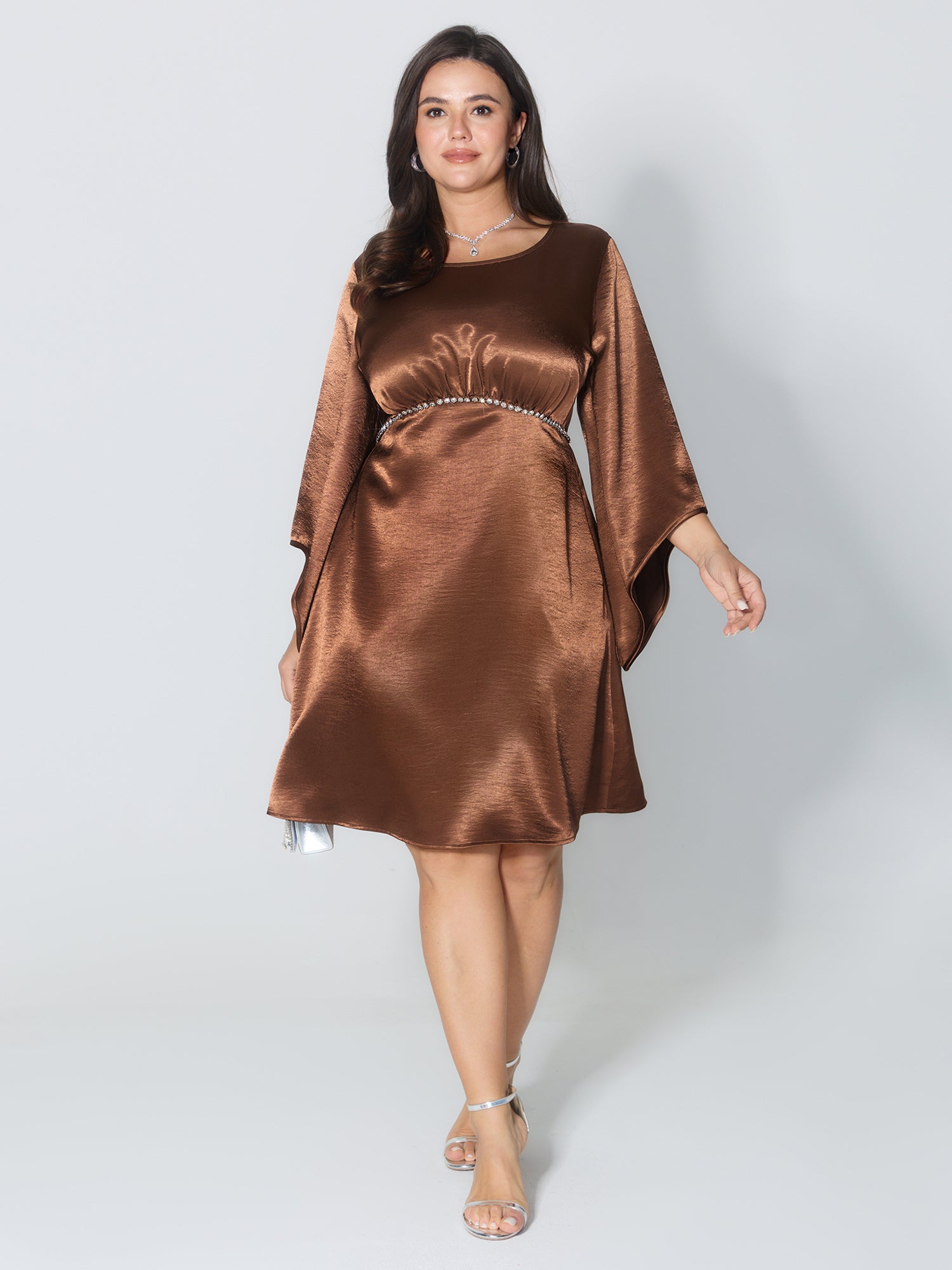 Flared Sleeve Metal Detail Waistline Mini Dress