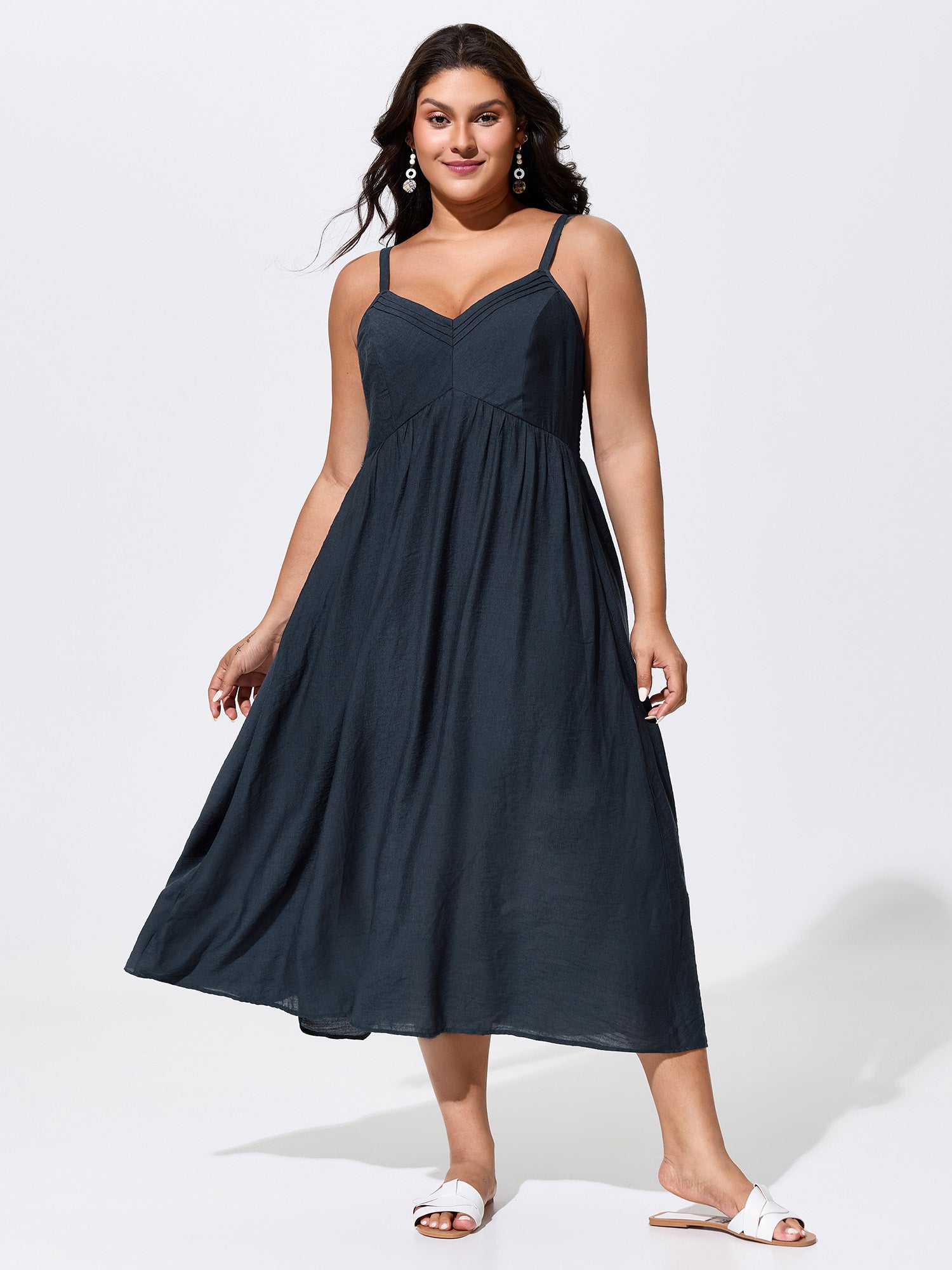 Linen Blend Breathable Pleated Flowy Midi Dress