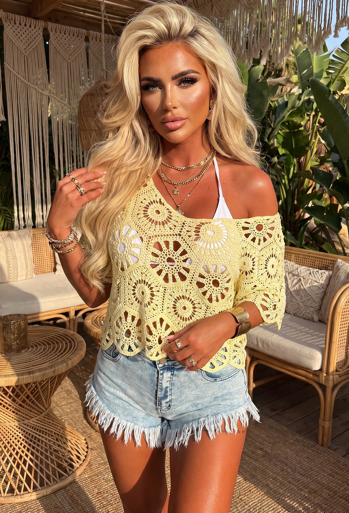 No Way Crochet Lemon Scalloped Knit Top