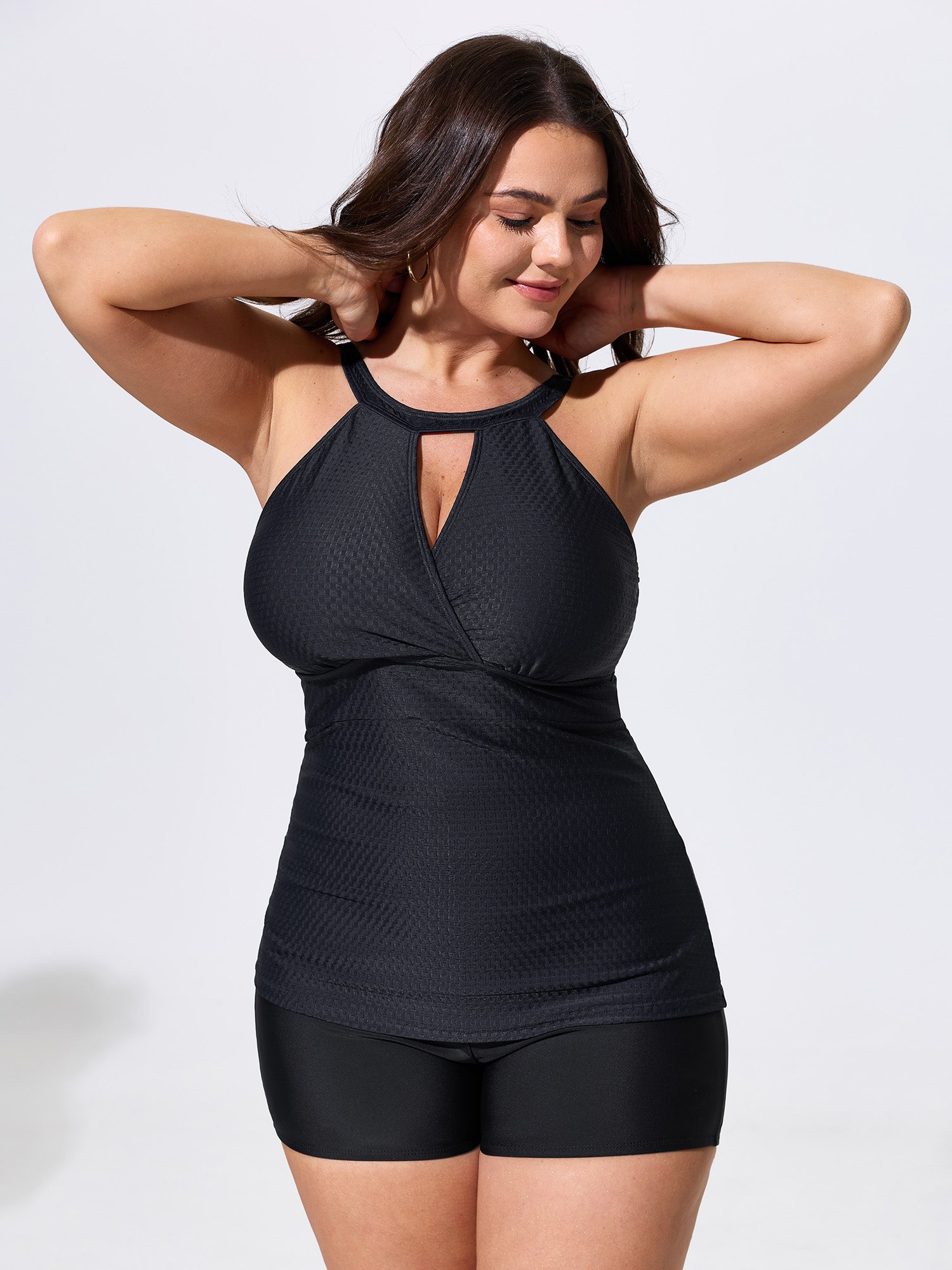 Cut Out Ruched Textured Swim Top