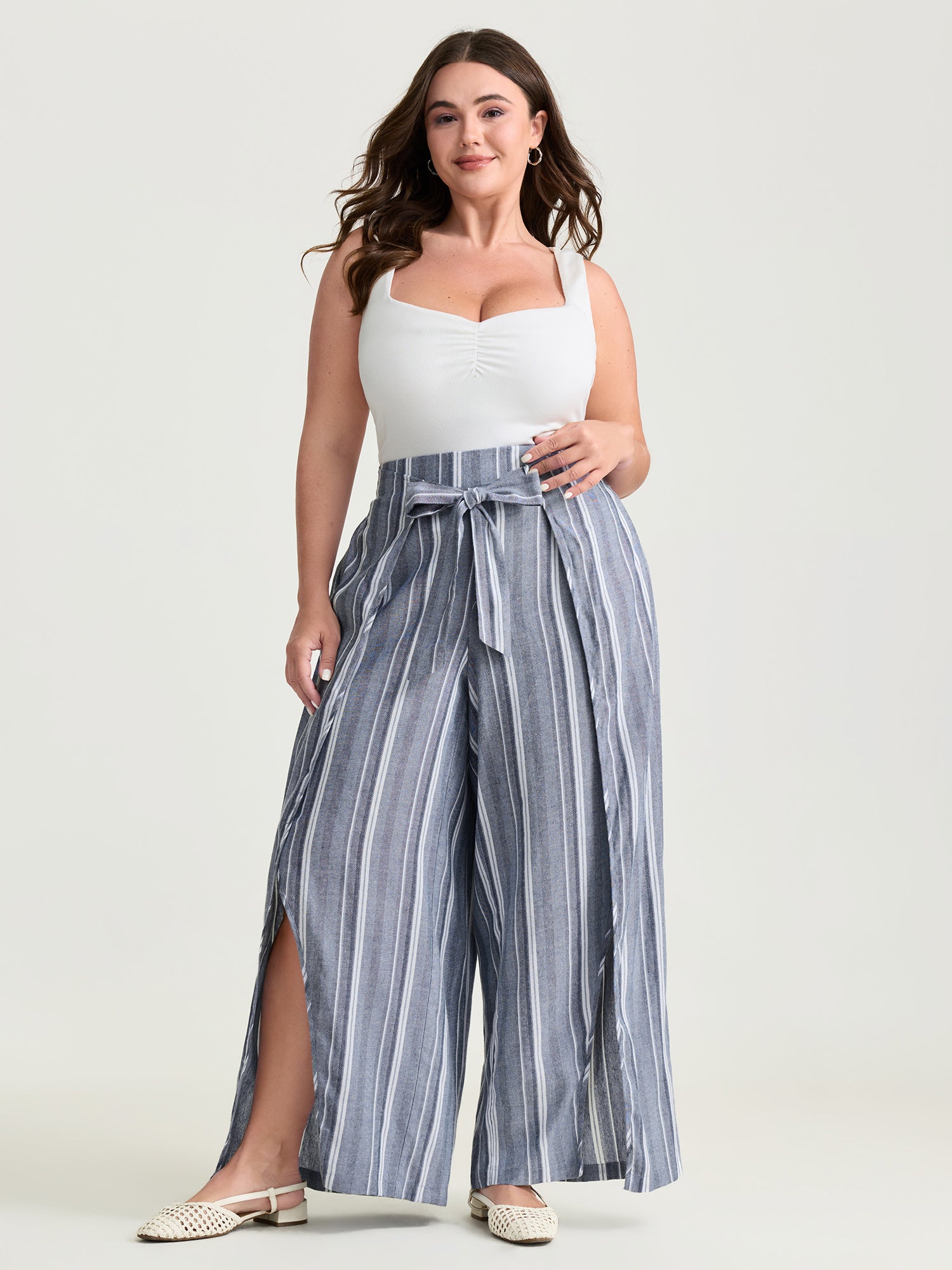 Cotton Nautical Stripe Slit Waist-Tie Pants