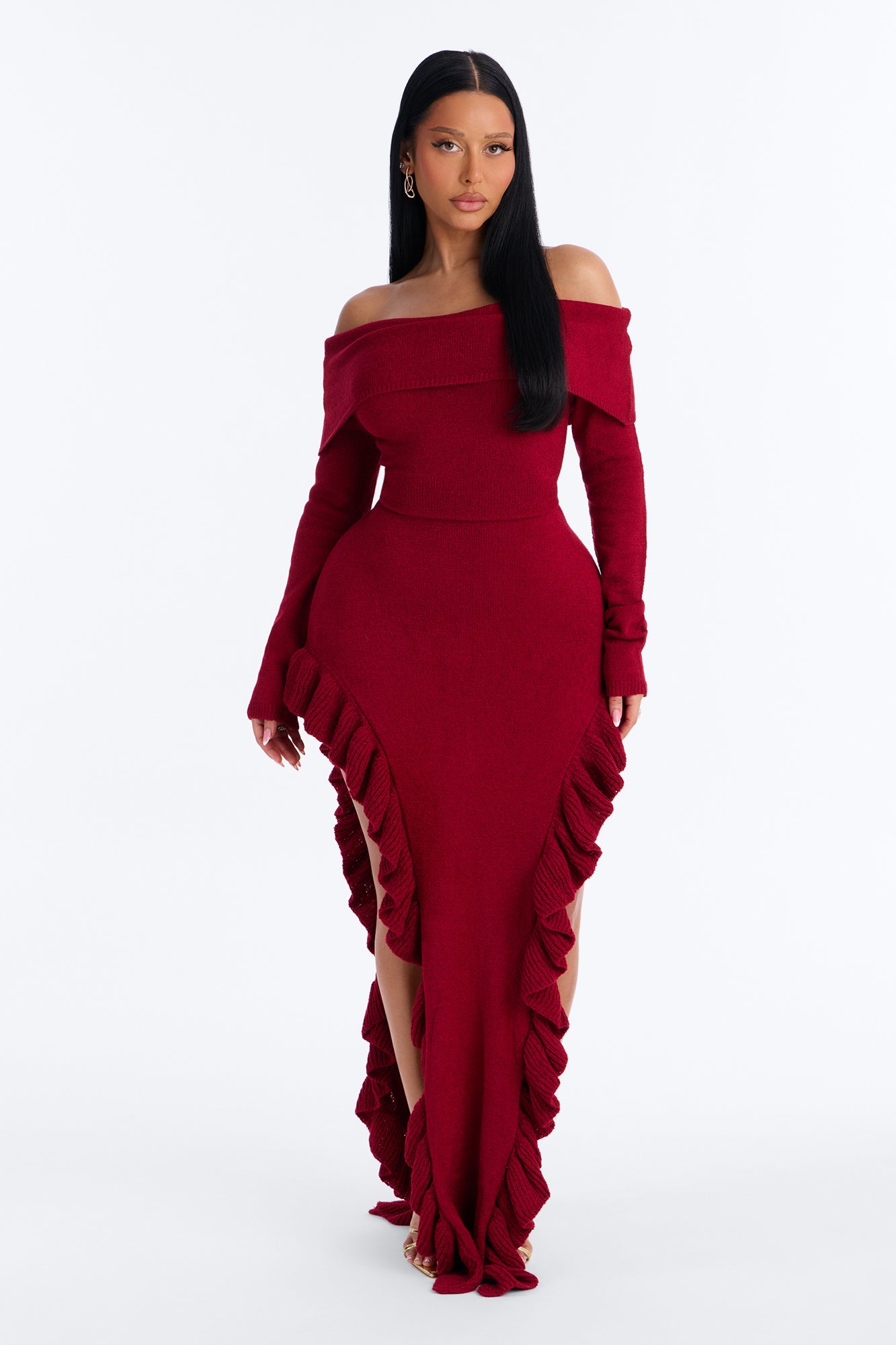 Hot Commodity Off Shoulder Sweater Maxi Dress - Red