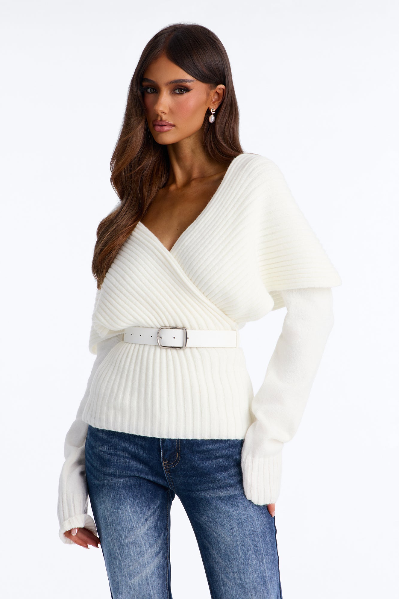 Alicia Foldover Belted Pullover Sweater - Ivory
