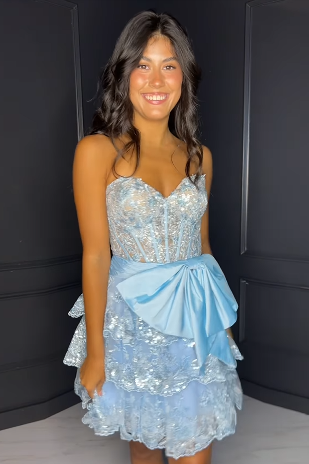 Sparkly A Line Light Blue Strapless Short Homecoming Dress/Mini Dress with Bow