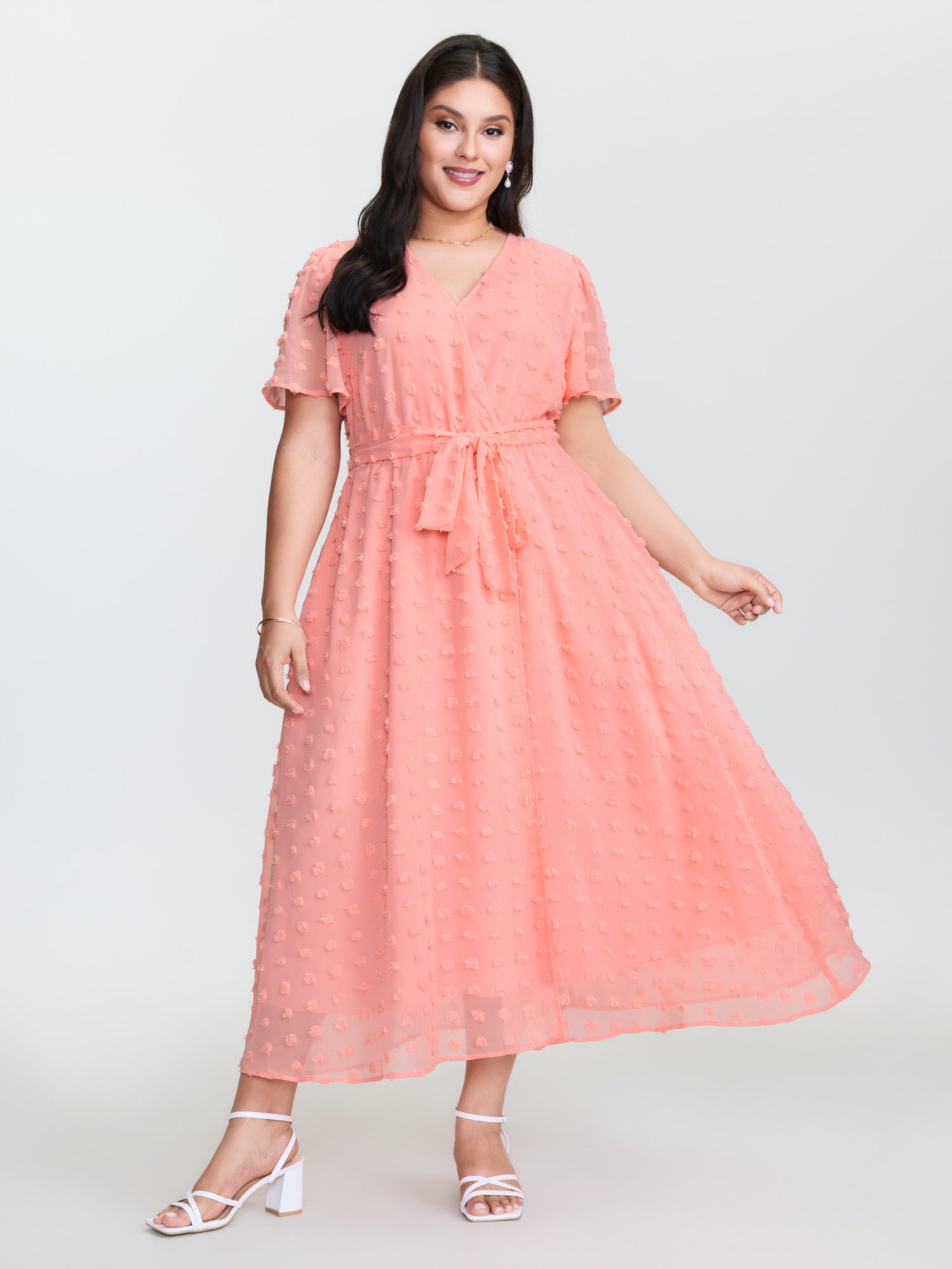 Stretchy Waistband Tie Wrap Neckline Maxi Dress