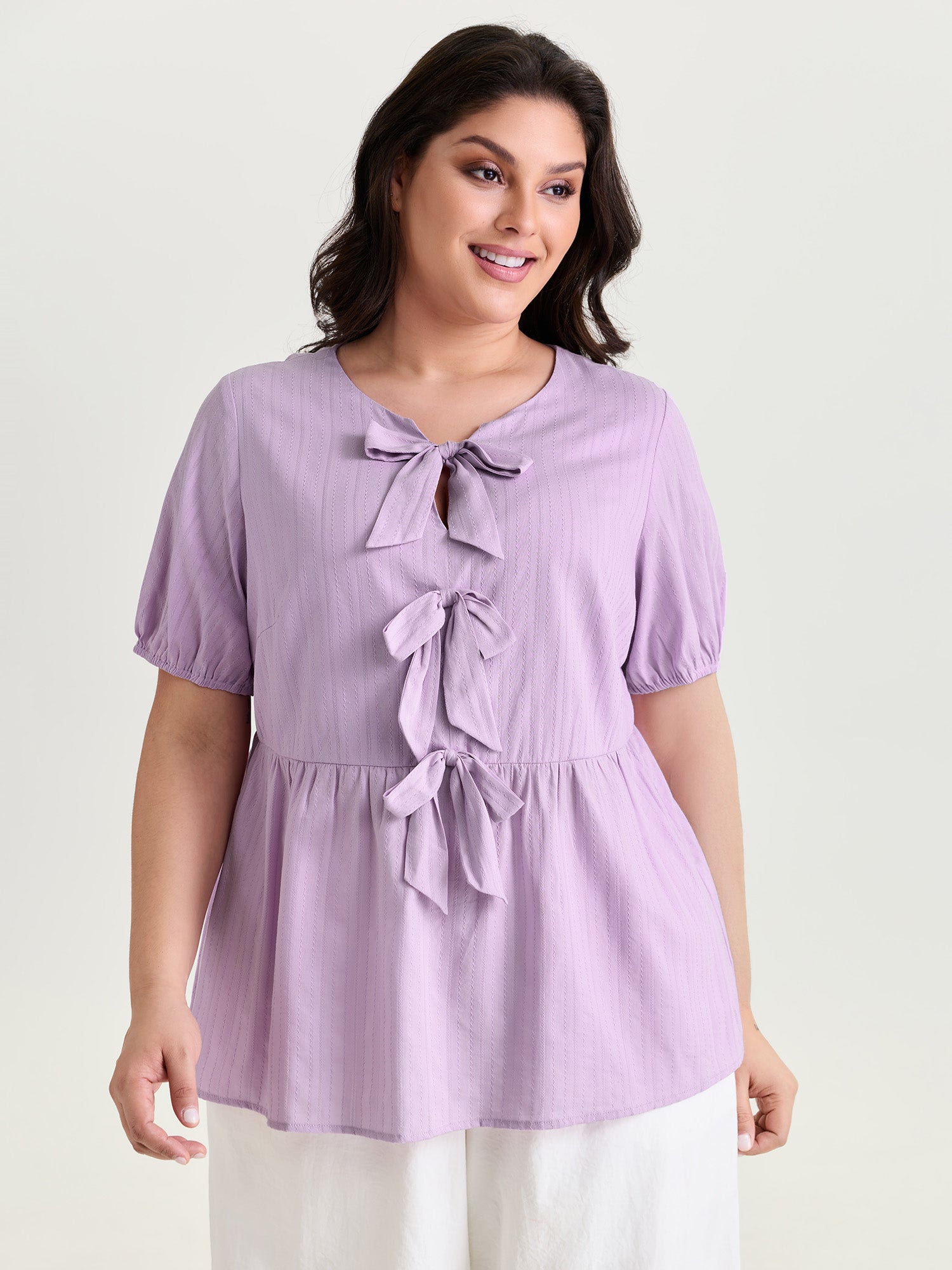 Texture Bow-Front Detail Plain Blouse