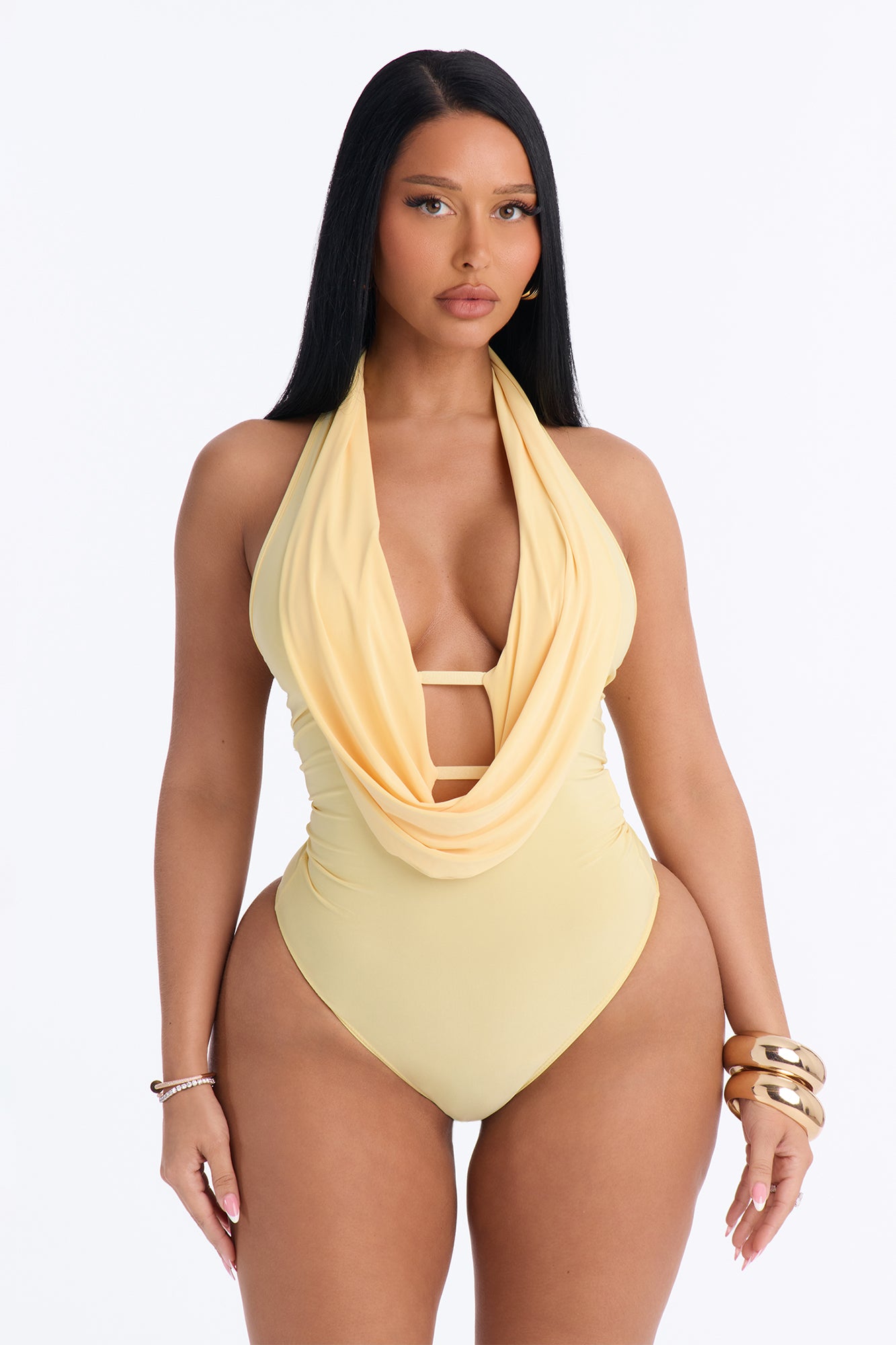 Forever Hot Cowl Neck Halter Bodysuit - Butter Yellow