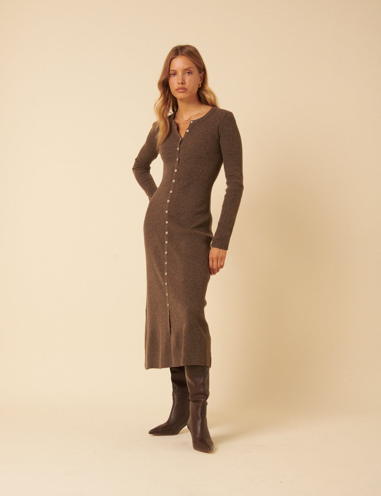 Brown Ribbed Knitted Midi Dress