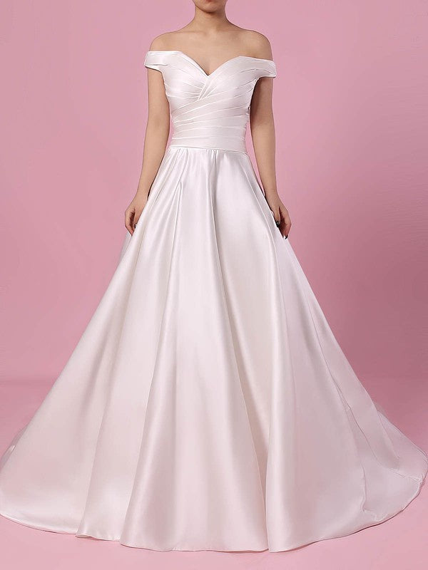 Luxurious Off-The-Shoulder V-Neck Satin Ball Gown Wedding Dresses