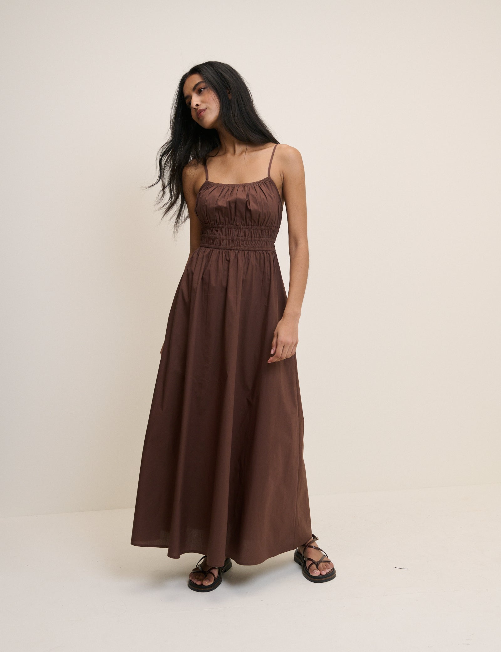 Brown Shirred Jocelyn Maxi Dress