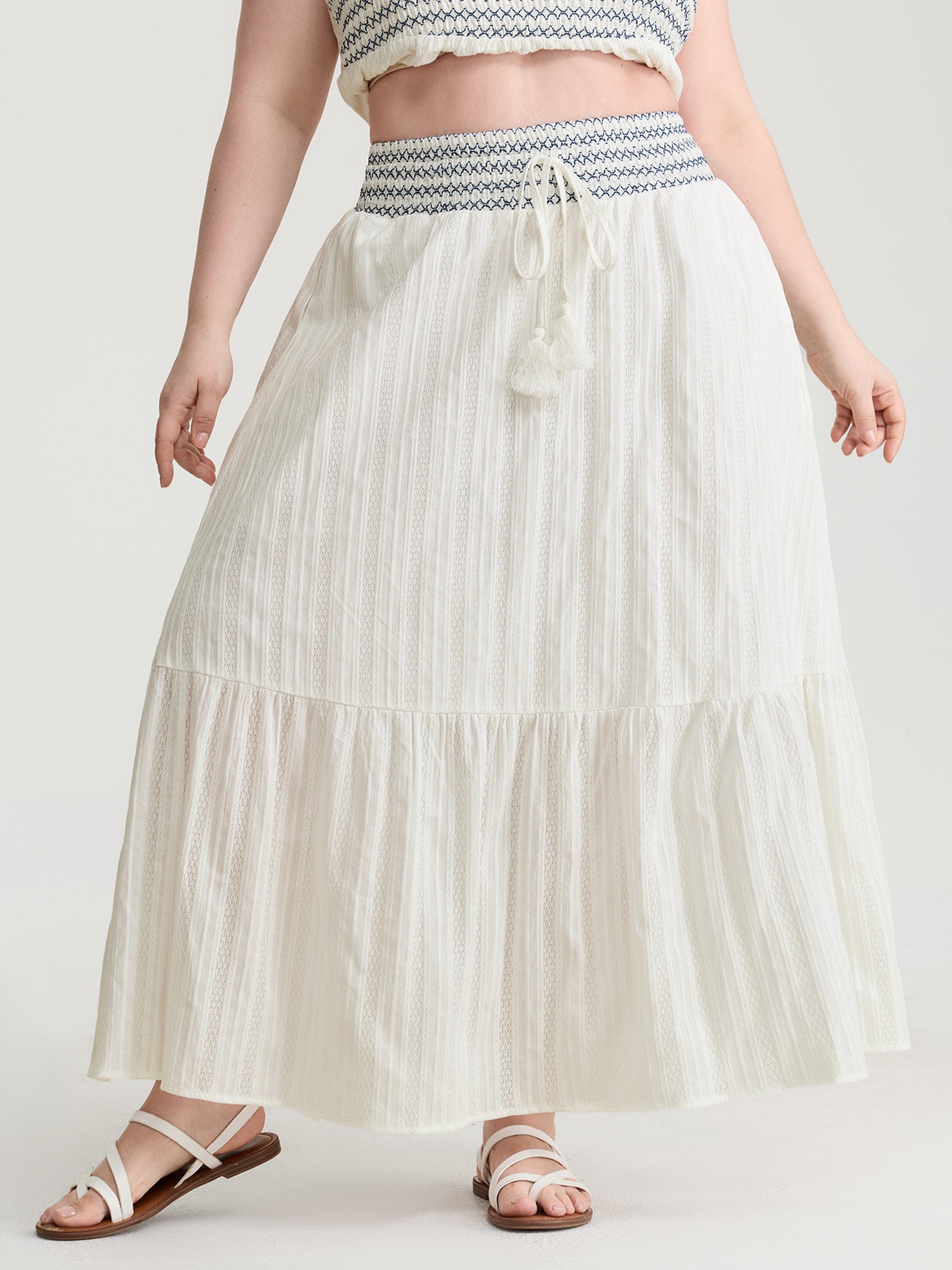 Cotton Shirred Contrast Waist Pockets Maxi Skirt