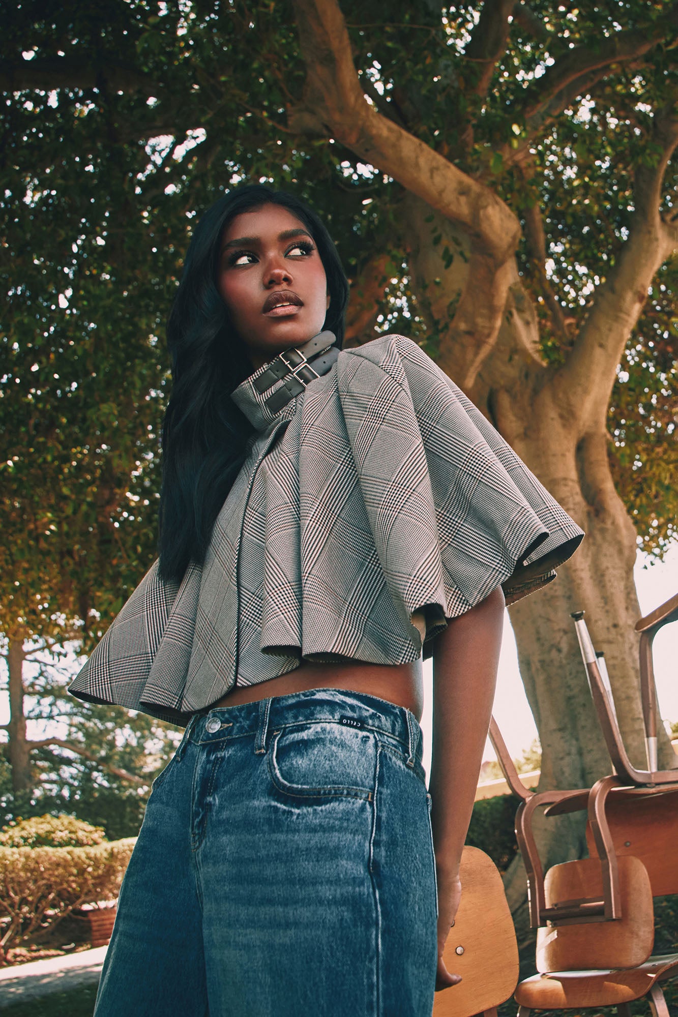 Noble Plaid Capelette Top - Taupe/combo