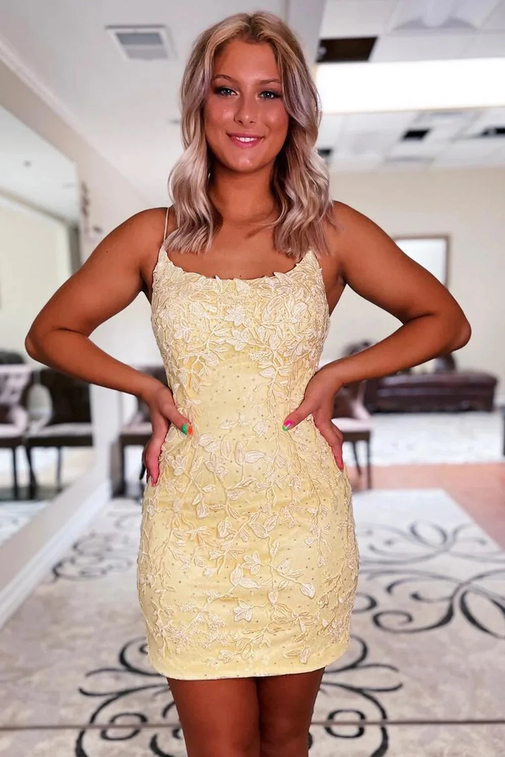 Yellow Spaghetti Straps Lace Tight Short Homecoming Dress/Mini Dress