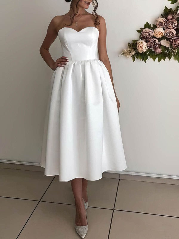 Chic A-Line Sweetheart Strapless Satin Tea-Length Wedding Dresses